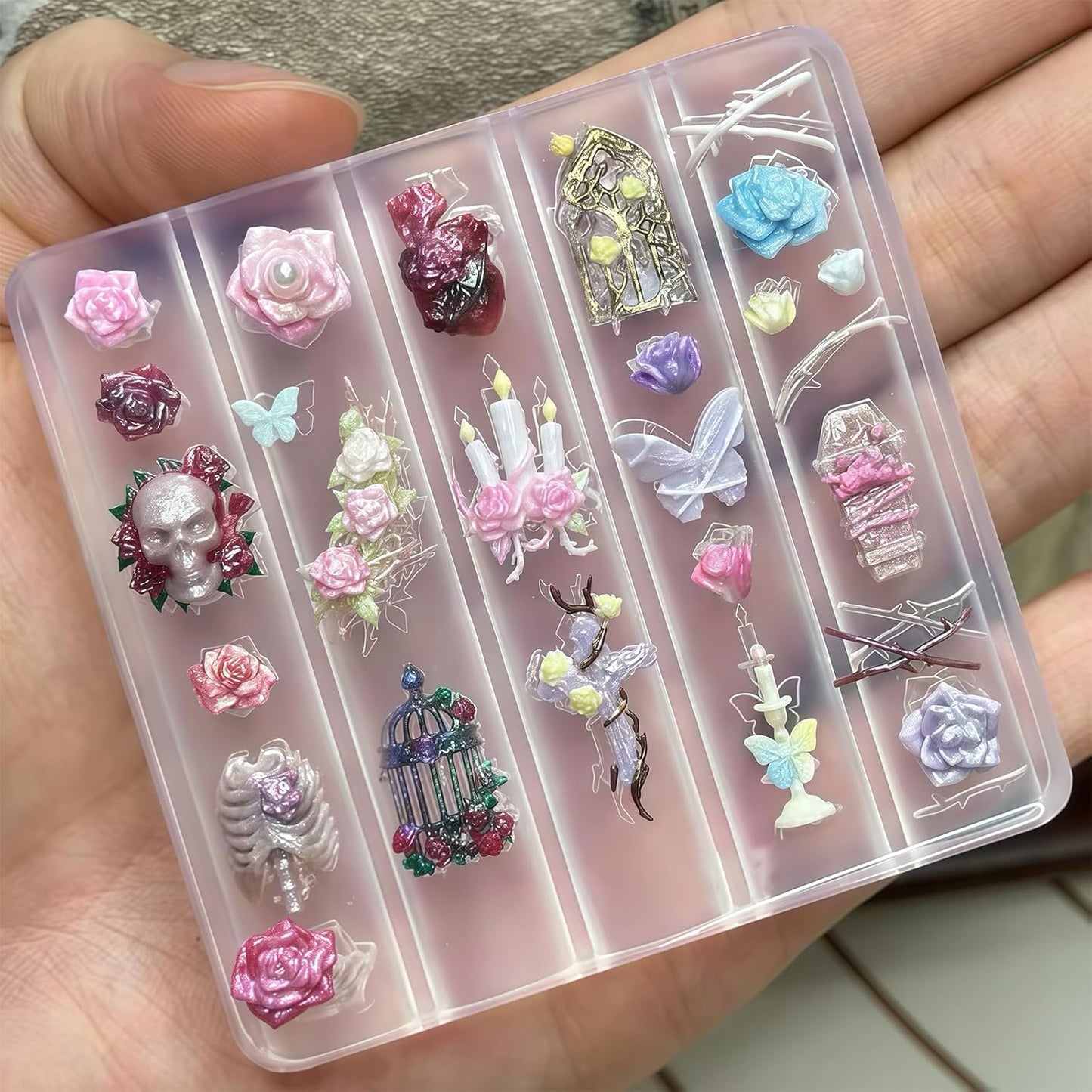 Gothic Nail Art Molds Kit - 3D Skull Rose Butterfly Designs DIY Manual Manicure Decoration Halloween Individual Nail Molds