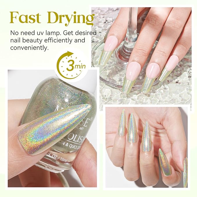MIZHSE Holographic Nail Polish, Glitter Nail Polish Air Dry Fast, 15 ml High Glossy Shiny Nail Pigment Oil-based Laser Iridescent Chrome Nail Art Salon Manicure Home