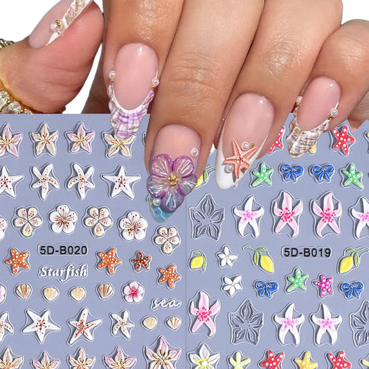 2 Sheets Colorful Starfish Nail Stickers, Flower Nail Decals, 5D Embossed Self-Adhesive Nail Art Stickers for Women DIY Summer Flowers, Shells, Bows, Starfish Manicure Decoration Supplies