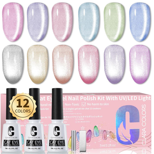 Clara Colors Cat Eye Gel Nail Polish Set, 12 Colors Rainbow Nude Pink Purple Blue Holographic Magnetic Nail Polish with Base Top Coat Magnets Soak Off UV LED Jelly Glitter Ge Polish Kit