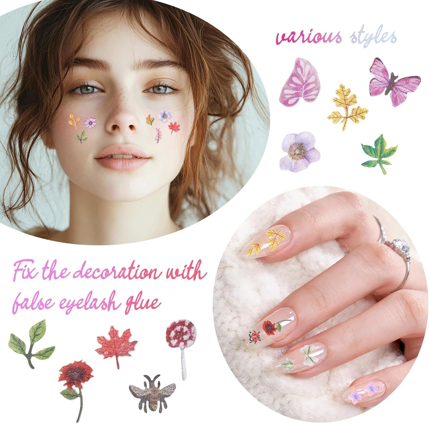 600Pcs 3D Mixed Colorful Flower Nail Art Charms Sequins Decals Colorful Mixed Leaves Daisy Design Slice Nail Flowers Ultra Wood Pulp Flakes Sequins 3