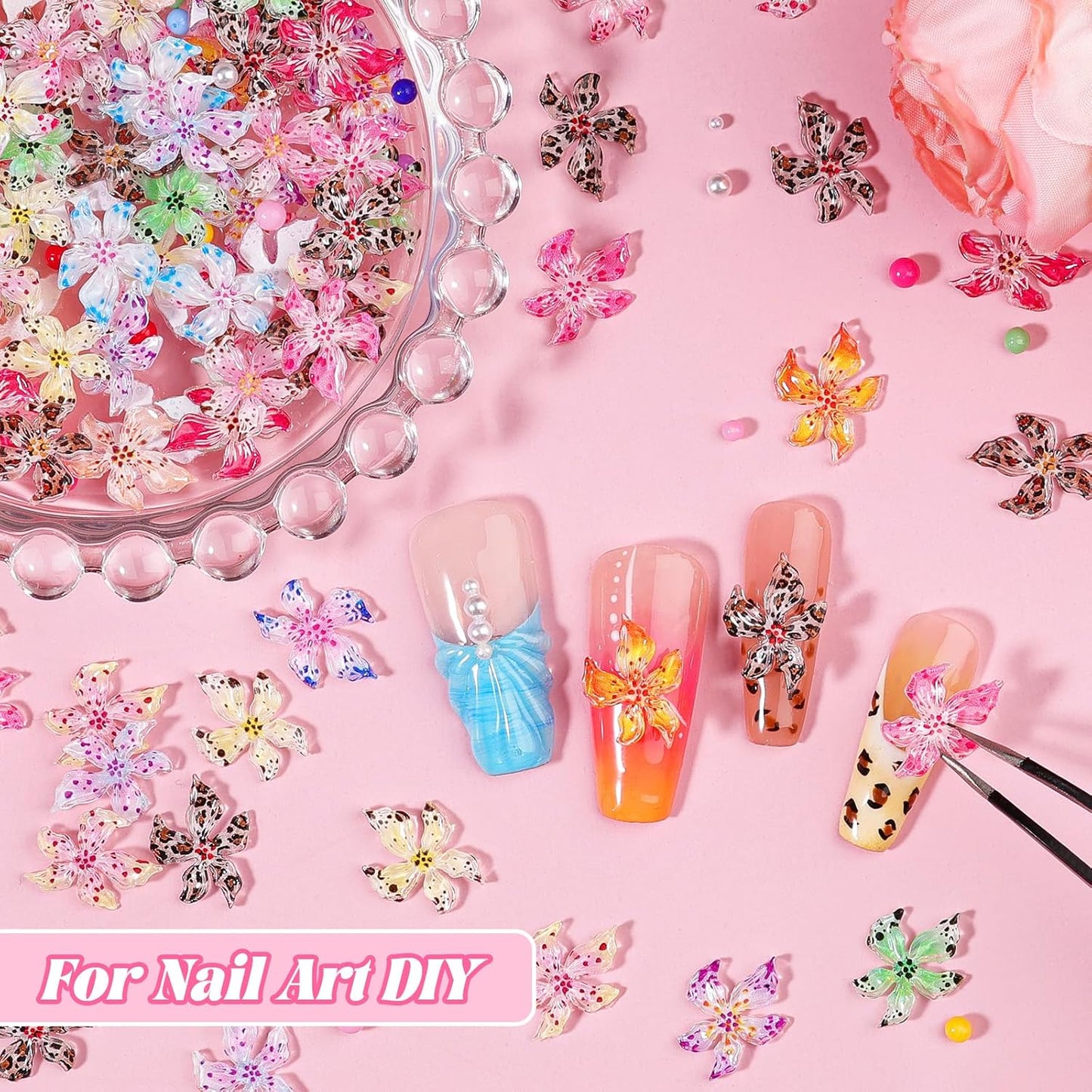 300Pcs Flower Nail Charms Kit, 100Pcs 3D Hawaii Flowers and 100Pcs Nail Pearls with 100Pcs Macaron Beads, Colorful Hibiscus Floral Charms Tiny Gems Round Beads for Nails Designs DIY Crafts