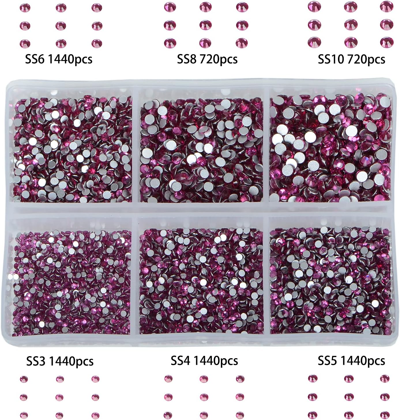 Bymitel 7200 Pieces 6 Mixed Sizes Glue Fix on Glass Rhinestones Round Crystal Gems Flatback for DIY Jewelry Making with one Picking Pen(6-Sizes 7200PCS, Fuchsia)