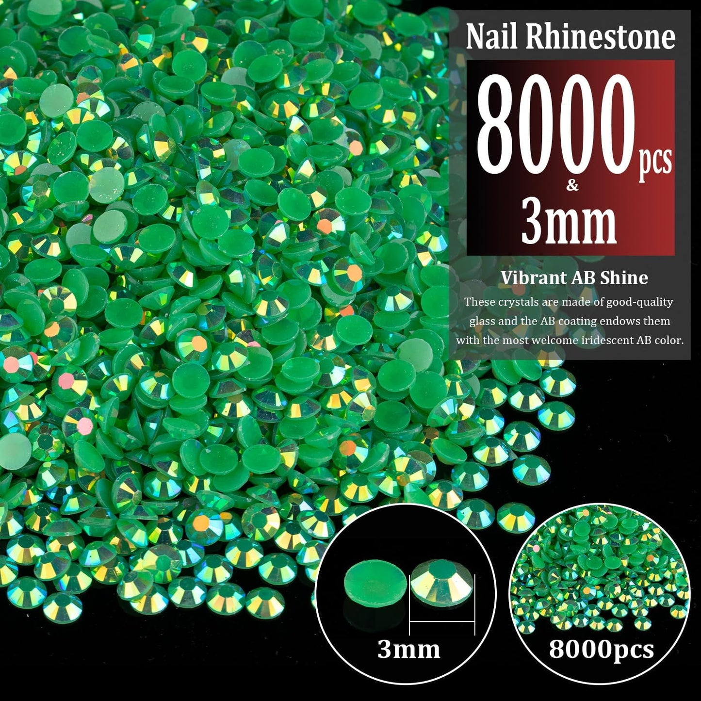 8000pcs 3mm Resin Rhinestones Bulk, Dark Green AB Flatback Round Jelly Rhinestones Bedazzling Non Hotfix Crystal Gems Large Quantity Wholesale for DIY Crafts Clothes Tumblers Face Makeup Manicure