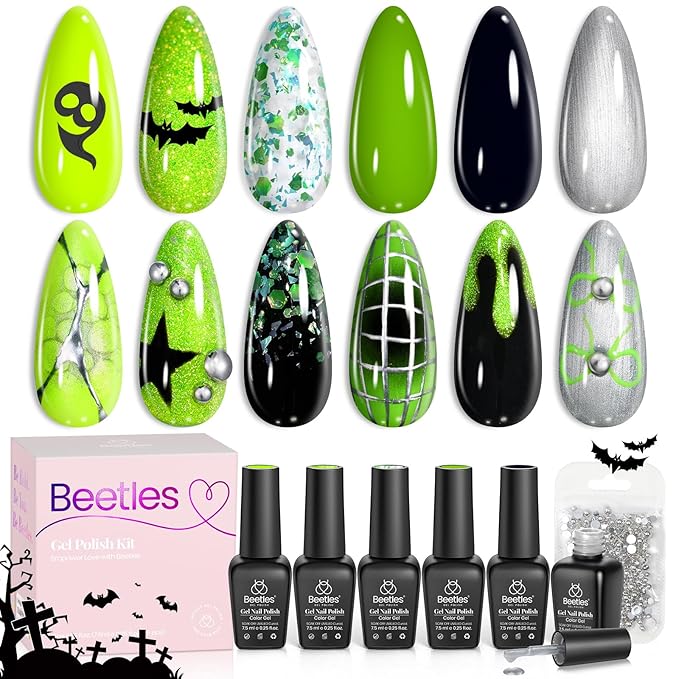 Beetles Neon Green Gel Nail Polish Set, Halloween Black Glitter Silver Brat Tribe Gel Polish with Rhinestones Soak off Uv Lamp Nail Festival Manicure Gift for Women