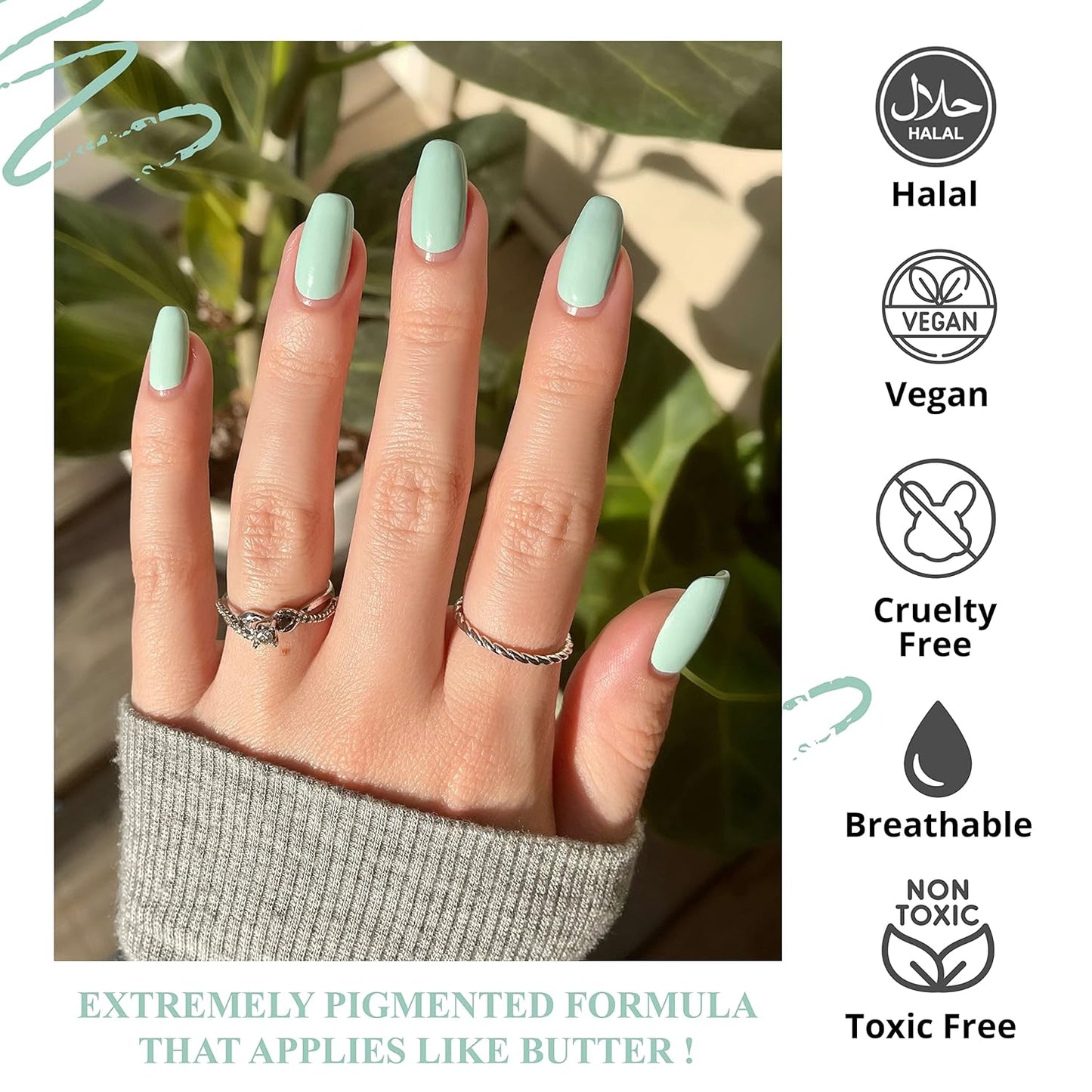 VIVRE Cosmetics Nail Polish - Quick Dry, Shiny, Halal, Vegan, Non-Toxic, Long Lasting, Certified Breathable and Water Permeable - No Commit-Mints