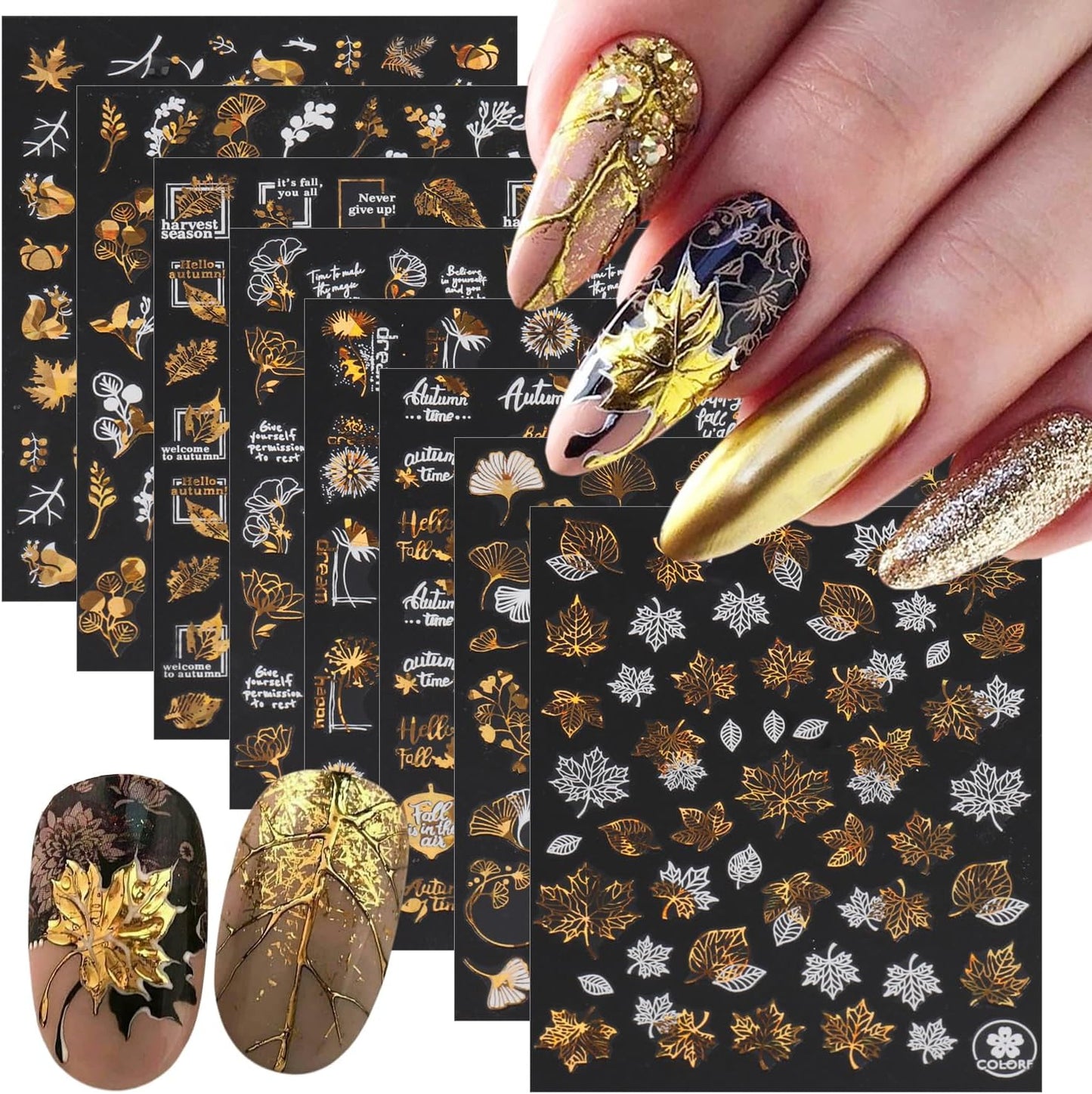 8 Sheets Bronzing Fall Nail Art Stickers Decals 3D Self-Adhesive Laser Gold White Leaves Flowers Nail Decals Autumn Maple Leaf Nails Design Stickers Thanksgiving Nail Art Supplies for Women