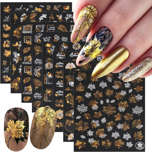 8 Sheets Bronzing Fall Nail Art Stickers Decals 3D Self-Adhesive Laser Gold White Leaves Flowers Nail Decals Autumn Maple Leaf Nails Design Stickers Thanksgiving Nail Art Supplies for Women