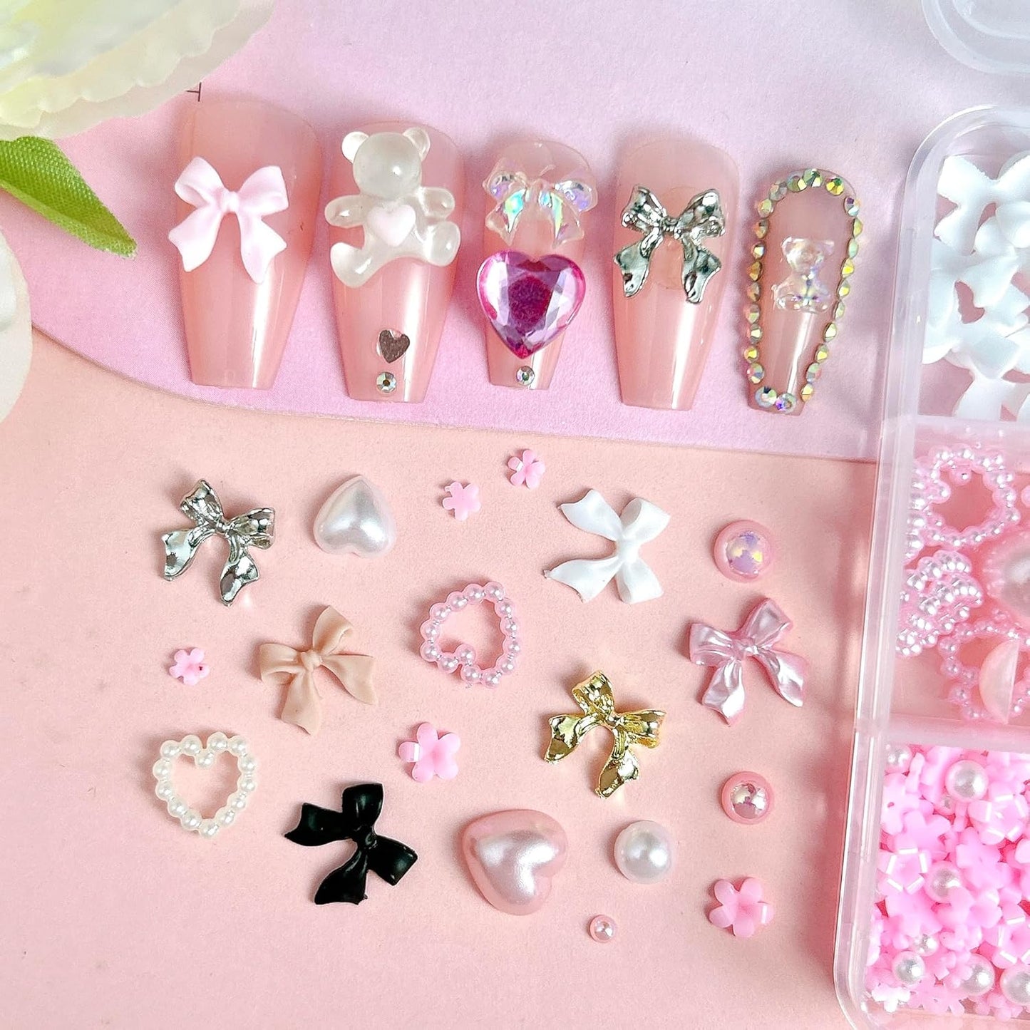 Gold Bow Nail Charms Kit, Cute Pink Flowers Bows 3D Nail Charms for Nails Decoration, White Flatback Pearls Heart Nail Art Jewels for Women Manicure DIY Crafts Accessories