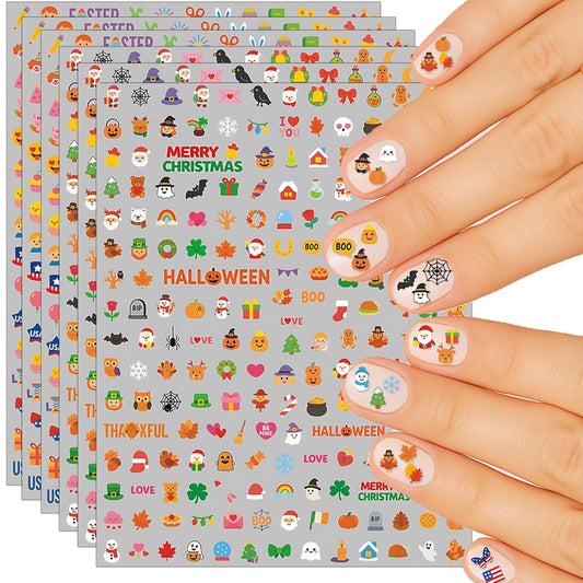 Mini Nail Stickers for Kids - 1200 Pcs All Holiday Favors for Little Girl, 11 Holidays 3D Cute Halloween, Christmas Designs - DIY Home Nail Art Decals for Toddler Easter Basket (6 Sheets)