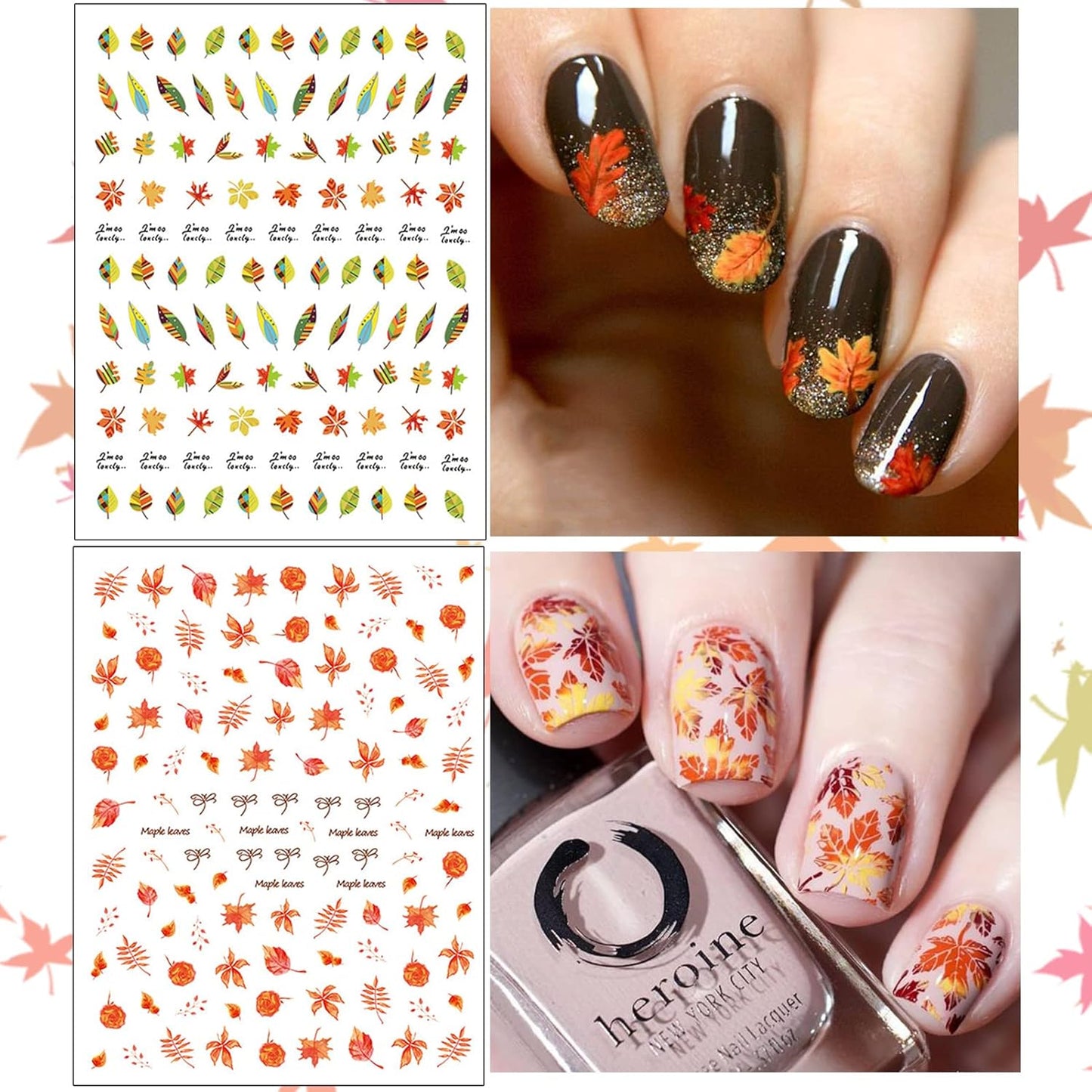 TailaiMei 3D Thanksgiving Nail Decals Stickers, Self-Adhesive Autumn Nail Art Decorations, Design for Fall Maple Leaves Pumpkin Turkey(1154 Pcs, 10 Sheets)