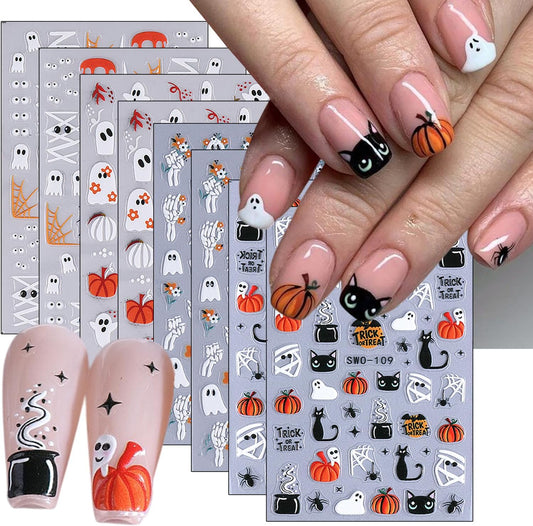 8 Sheets Halloween Nail Art Stickers Decals 3D Self-Adhesive Horror Ghost Spider Web Spider Pumpkin Hand Bone Skull Black Cat Nail Stickers Cute Halloween Nail Decals for Women Party Nails Supplies