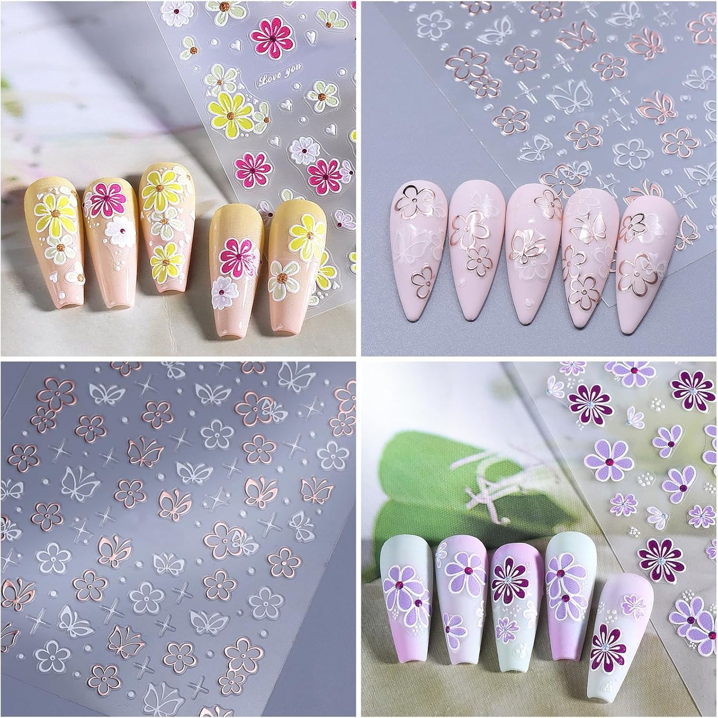 3 Sheets Colored Daisy Nail Art Stickers 3D Self-Adhesive Golden Hot Stamping Butterflies Design Spring Cherry Blossom Nail Decals for Women Girls Summer DIY Manicure Decoration
