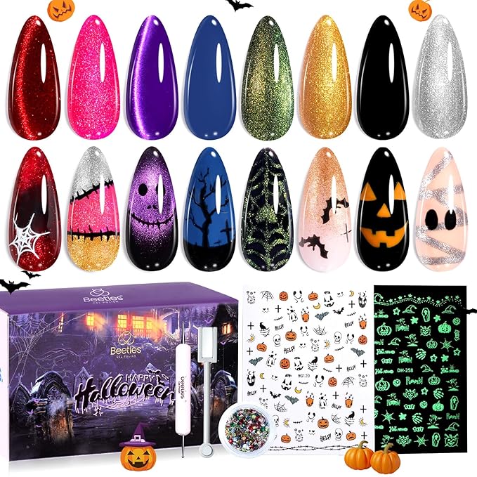 Beetles Halloween Gel Nail Polish Set – Wicked Mystic 8 Colors Gel Polish Kit, Gold Silver Black Green Blue Cat Eye Purple Red Glitter with Nail Art Accessories UV LED Soak Off Manicure Gift for Women