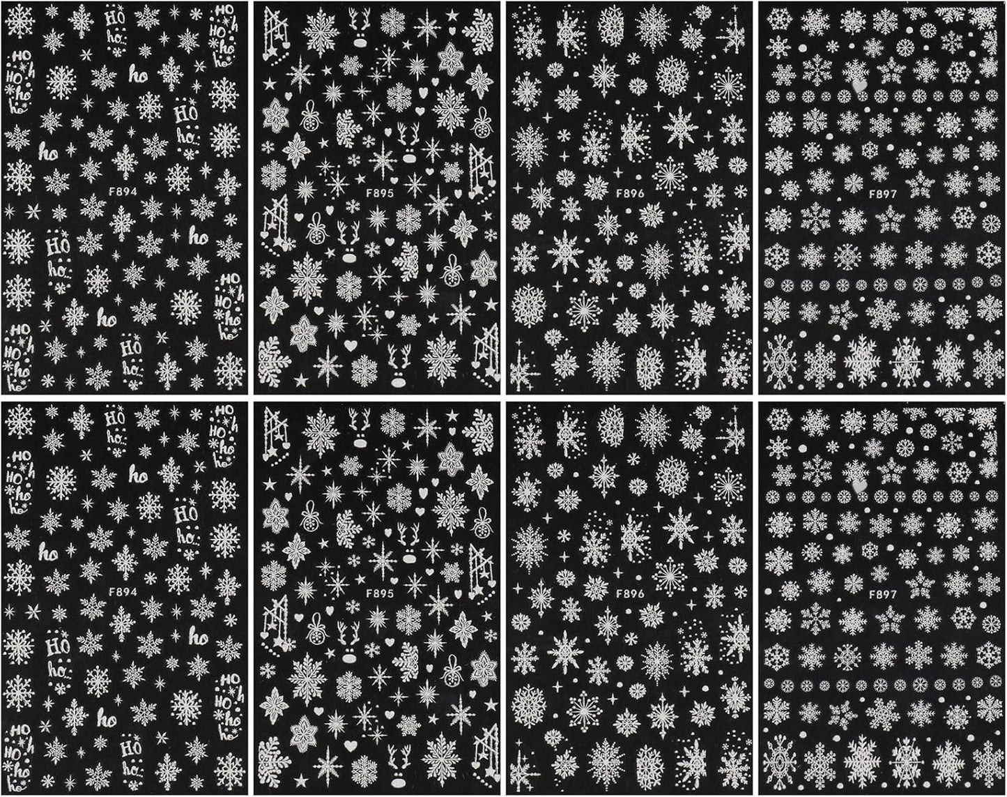 JMEOWIO 8 Sheets Christmas Glitter Nail Art Stickers Decals Self-Adhesive Pegatinas Uñas White Snowflake Xmas Winter Holiday Cute Nail Supplies Nail Art Design Decoration Accessories