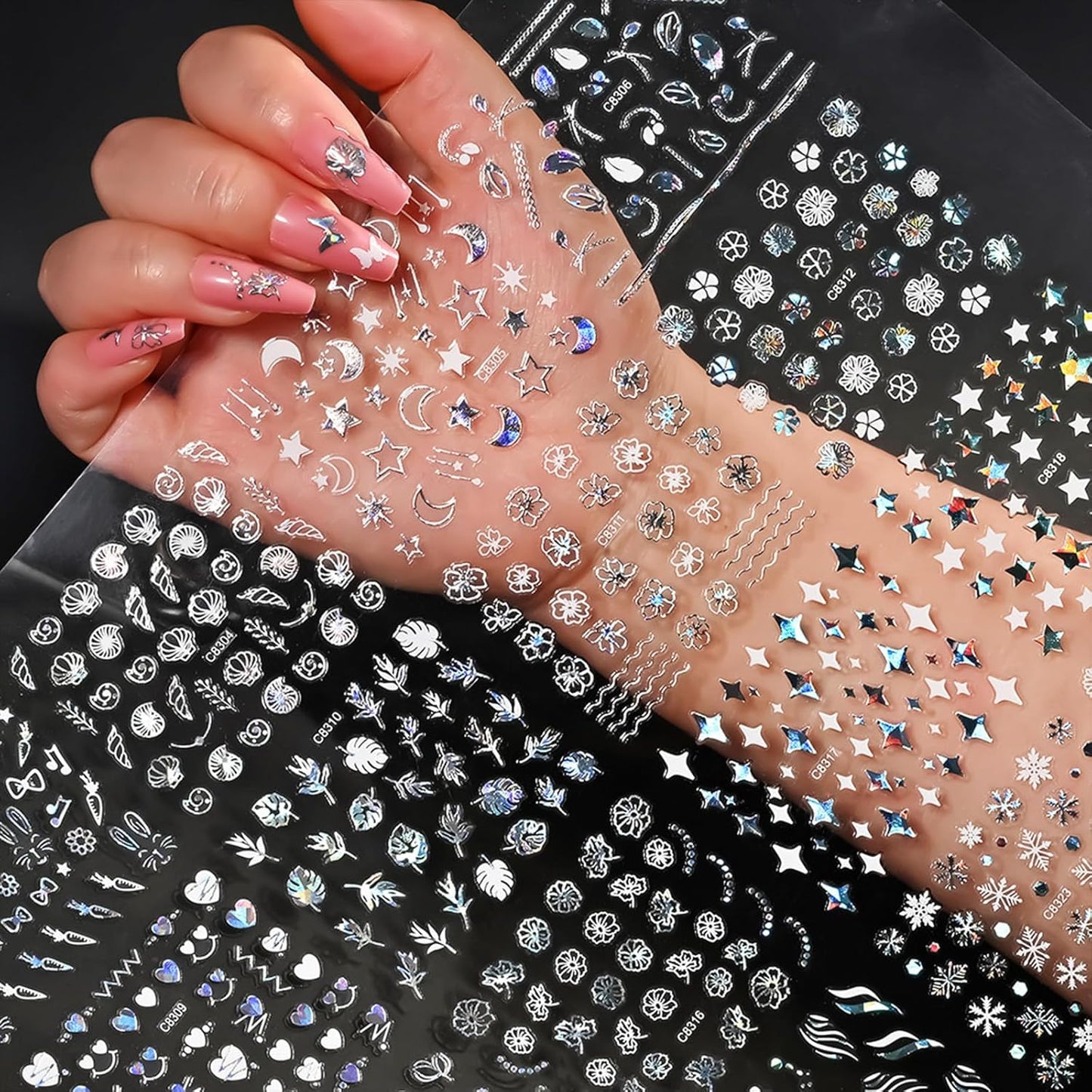 90 Sheets Silver Nail Art Stickers Holographic Laser Silver Nail Decals 3D Self Adhesive Nail Stickers for Nail Art Designs Star Line Flower Nails Supplies for Women Nail Decoration with Nail Tweezer