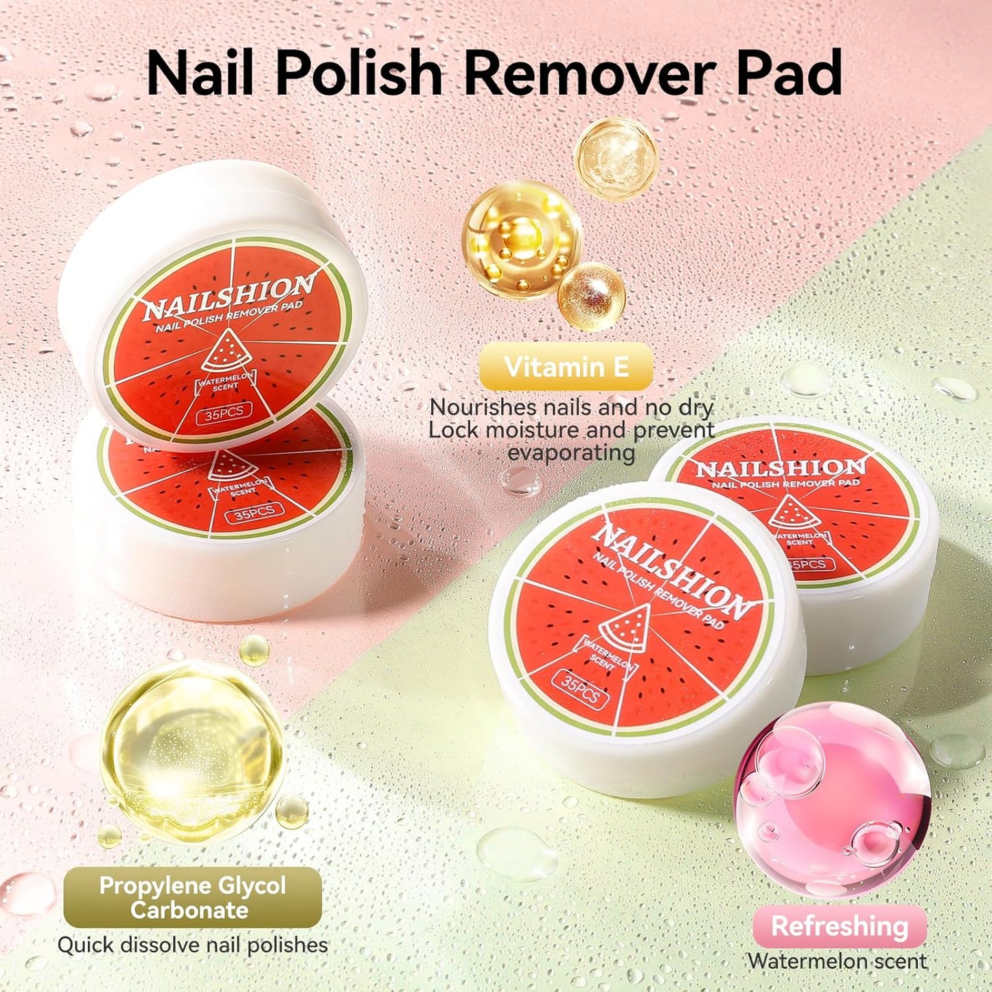 Nail Polish Remover Pads, 140 Pcs Travel Fingernail Polishes Wipes in 4 Boxes, Non-Acetone | 3-5s Quick Removal | VE Moisturing, Lint-free Handy Wipes to Clean Polish, Watermelon Scent