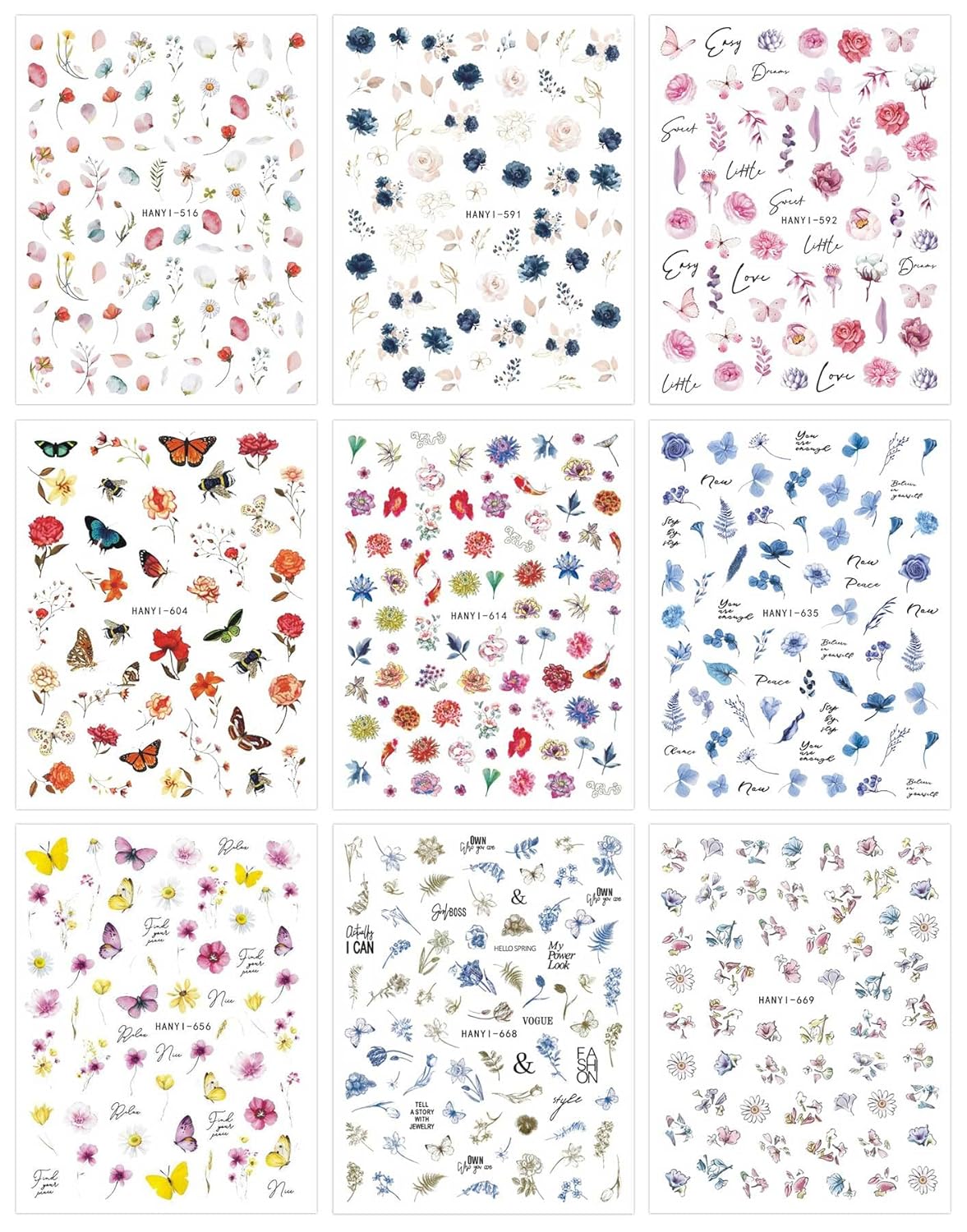 JMEOWIO 9 Sheets Spring Flower Nail Art Stickers Decals Self-Adhesive Pegatinas Uñas Summer Colorful Floral Nail Supplies Nail Art Design Decoration Accessories