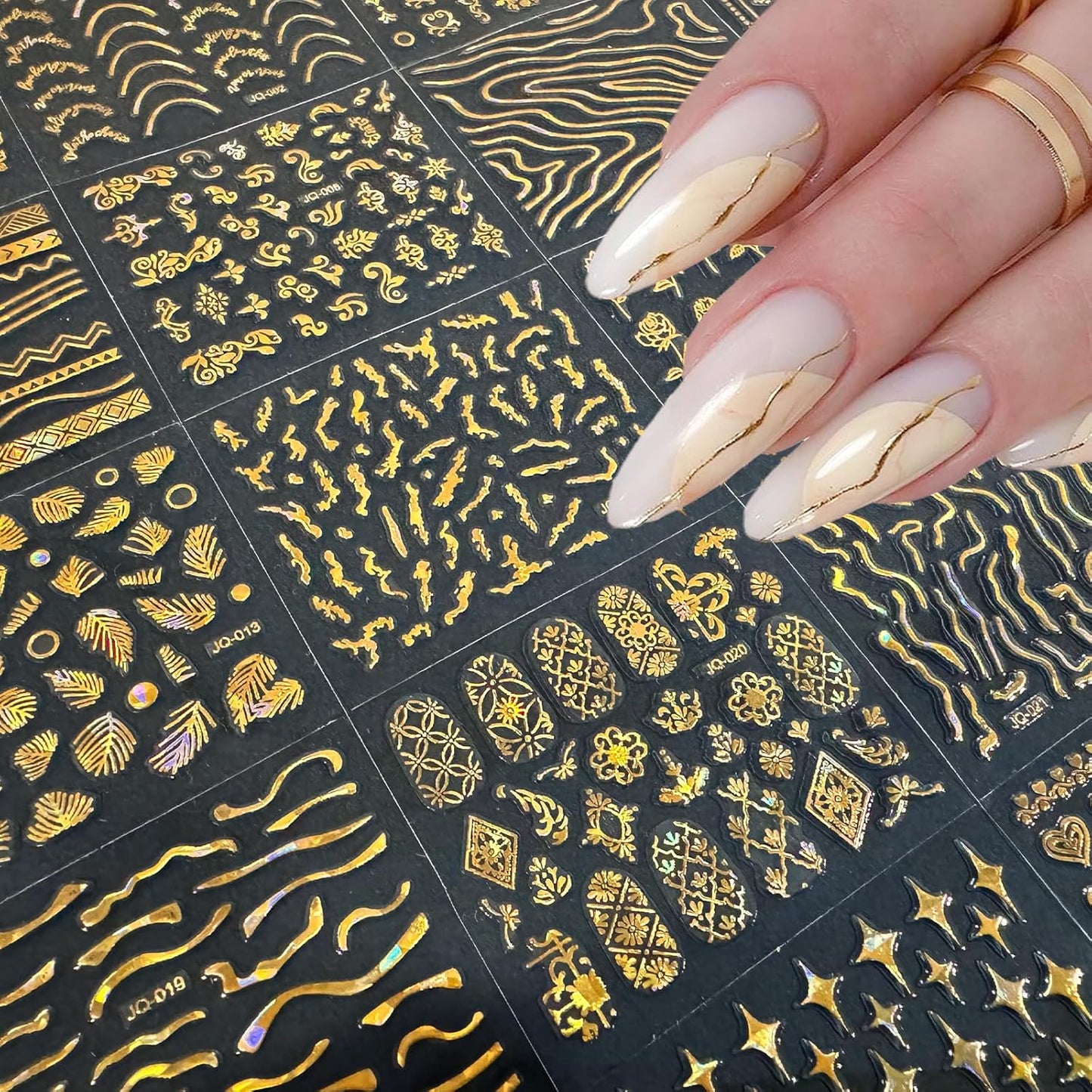 30 Sheets Gold Nail Art Stickers 3D Self-Adhesive Nail Decals Holographic Laser Gold Floral Star Heart Leaf Nail Design Nail Supplies for Women Girls Nail Art Decoration Accessories