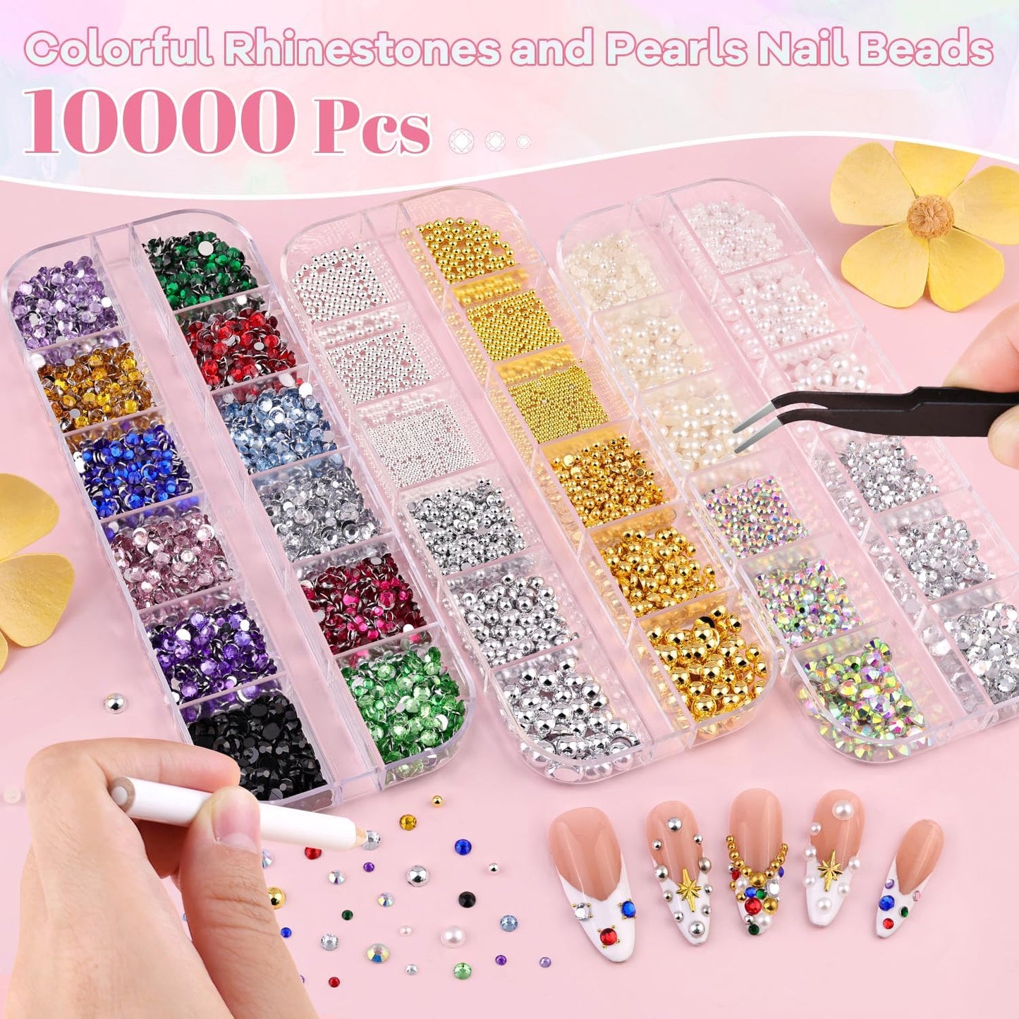 10000Pcs Nail Rhinestones and Charms for Nail Art, Flatback Nail Pearls and Caviar Nail Beads(Silver+Gold), Colorful Rhinestones Bedazzling Gems Kit Nail Gems Pearl Nail Charms for Manicure Decor
