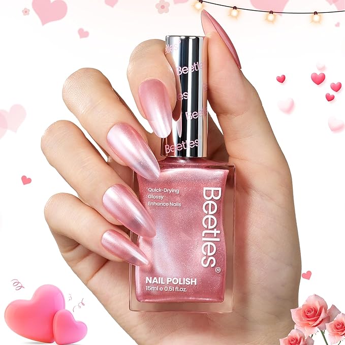 Beetles Pink Nail Polish - 15ML Quick Dry Nail Polish Romantic Reverie Pink Rose Pearl Nail Lacquer Shimmer Fingernail Polish Art Effect for Nail Salon-Quality