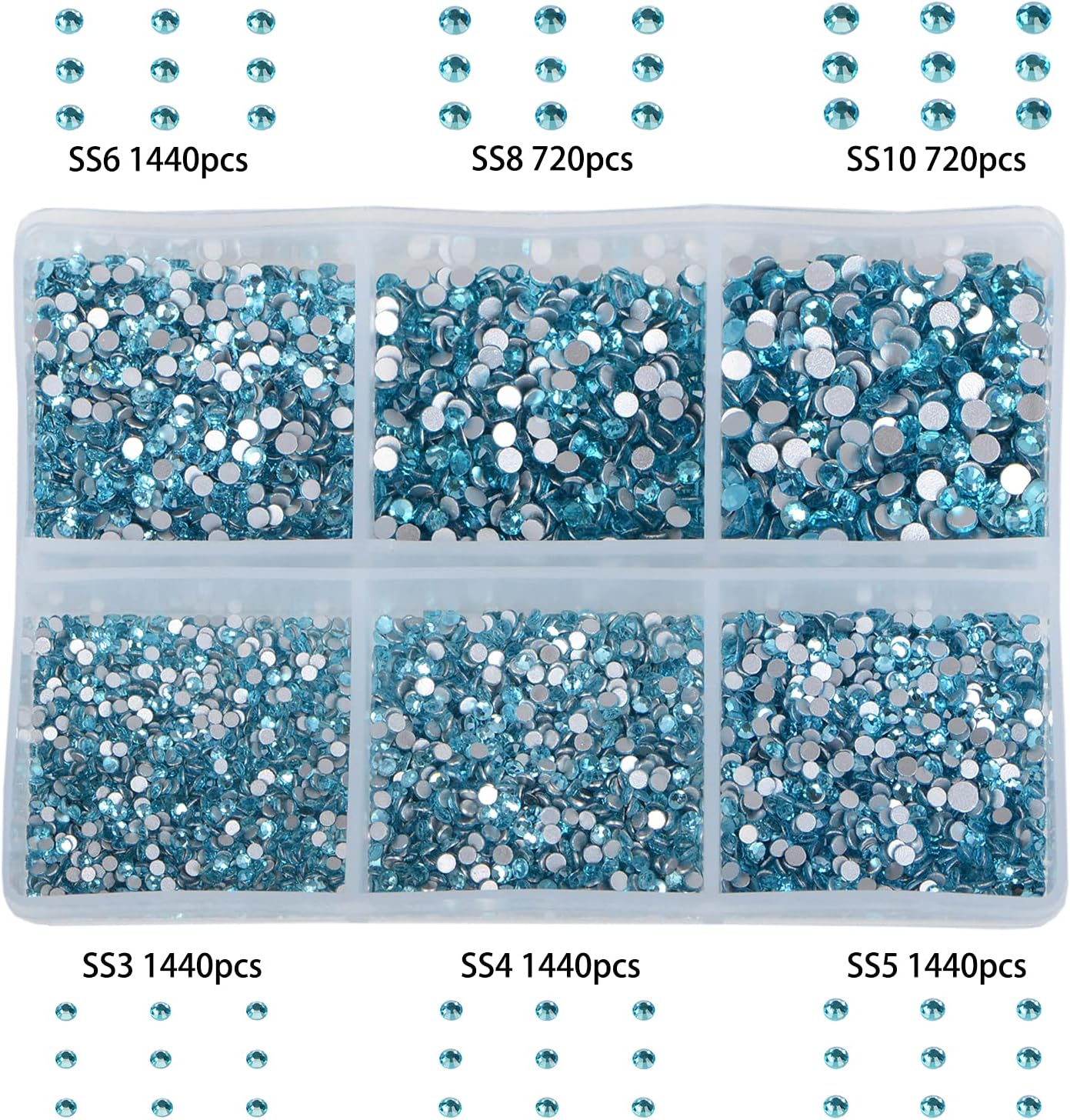 Bymitel 7200 Pieces 6 Mixed Sizes Glue Fix on Glass Rhinestones Round Crystal Gems Flatback for DIY Jewelry Making with one Picking Pen(6-Sizes 7200PCS, Aquamarine)