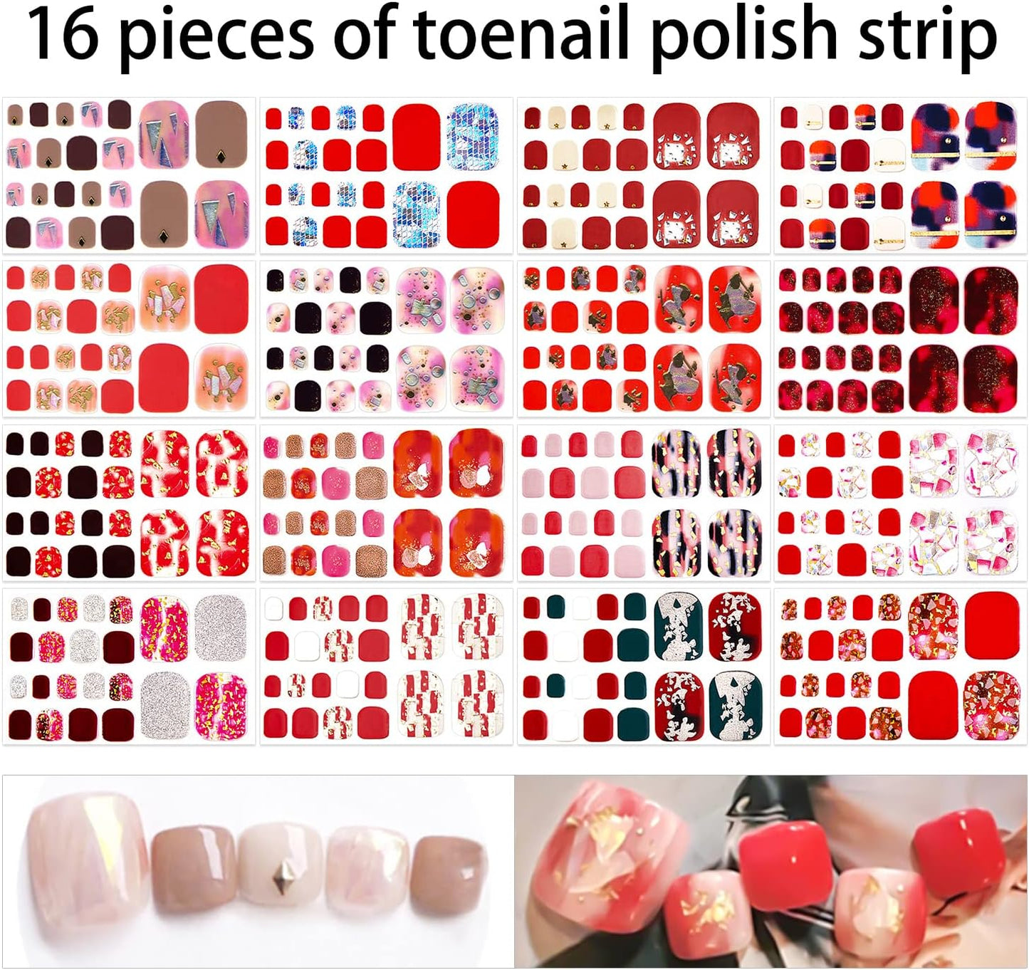DANNEASY 16 Sheets Toe Nail Stickers Full Nail Wraps for Women Red Glitter Toenail Polish Strips Self Adhesive Toes Nail Polish Stickers Manicure Sticker with File, Cuticle Stick