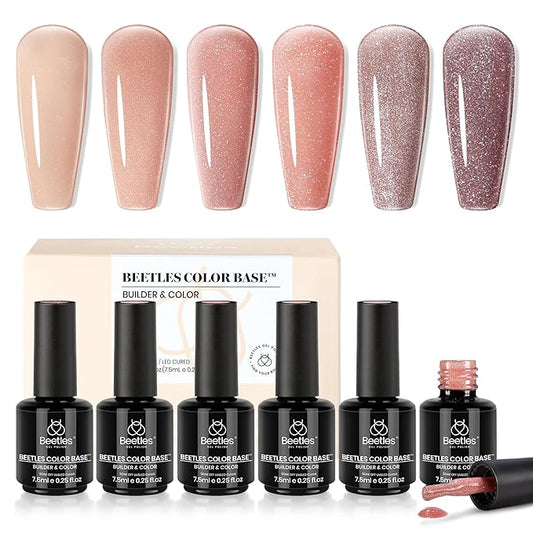 Beetles Rubber Base Color Gel Nail Polish, 6 Colors 5 IN 1 Nude Rubber Base Gel Neutral Sheer Pink Peach Glitter Nail Polish for Thin Nails Soak Off U V LED Lamp Cure Nail Art Design Gifs for Women
