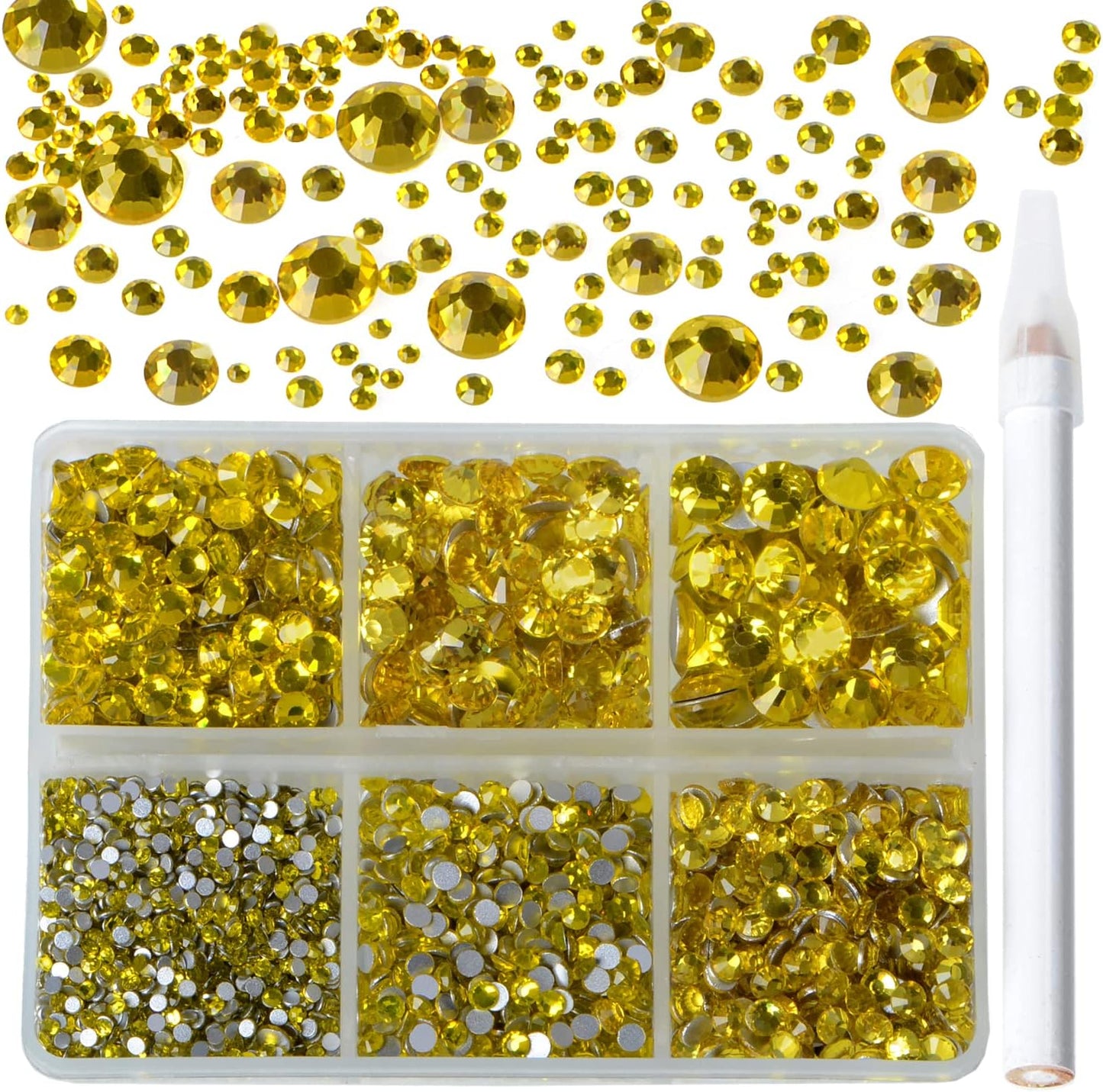 Bymitel 5000 Pieces 6 Mixed Sizes Glue Fix on Glass Rhinestones Round Crystal Gems Flatback for DIY Jewelry Making with one Picking Pen (6-Sizes 5000PCS, Citrine)