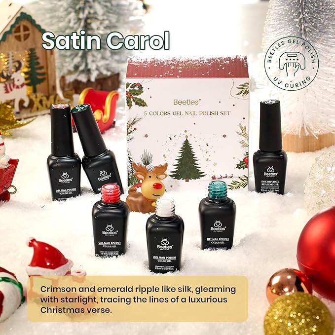 Beetles Christmas Gel Polish Set - Stain Carol Collection, Sparkle Red Green Colors Polish Kit Soak Off UV LED Manicure Gift with Nail Strengthener Gel