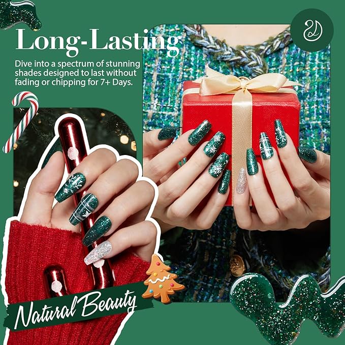 AZUREBEAUTY Christmas Nail Polish Quick Dry Green Glitter Nail Polish Natural Shine Nail Lacquer Salon-Quality for Women Girl Gift Set 1Pcs 0.34 fl oz