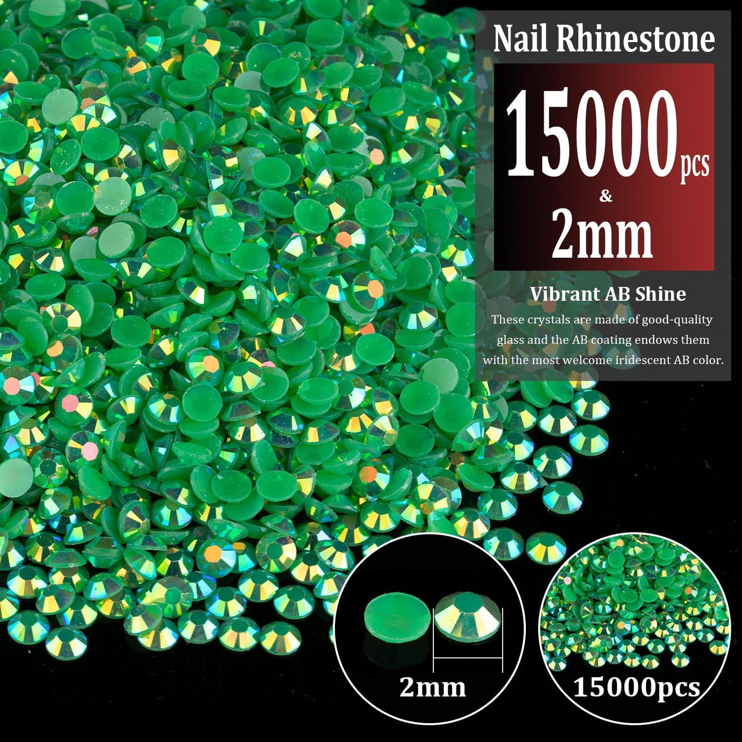 15000pcs 2mm Resin Rhinestones Bulk, Dark Green AB Flatback Round Jelly Rhinestones Bedazzling Non Hotfix Crystal Gems Large Quantity Wholesale for DIY Crafts Clothes Tumblers Face Makeup Manicure