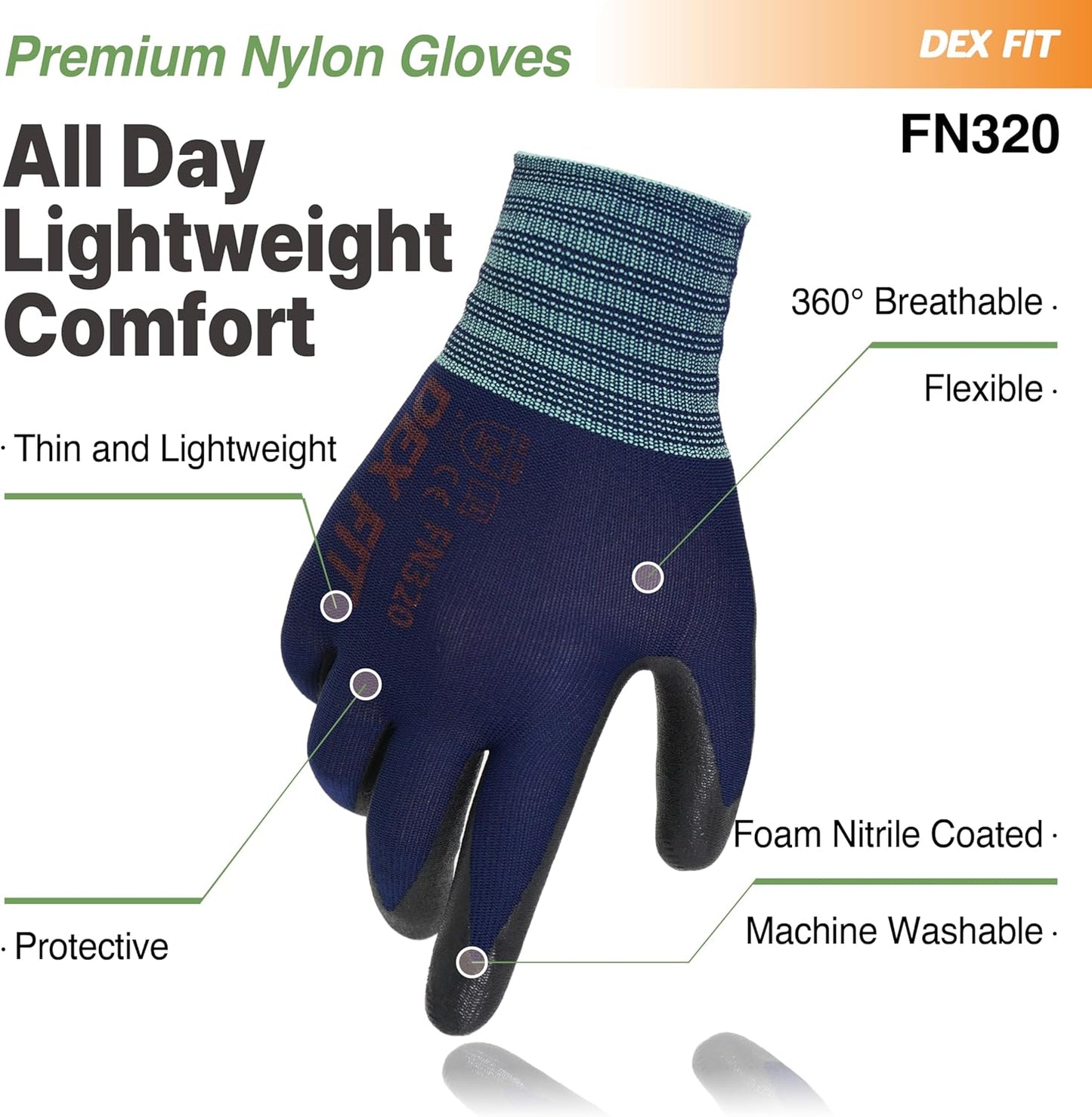DEX FIT Premium Nylon Work Gloves FN320 - Firm Nitrile Grip, 3D-Comfort Stretchy Fit, Thin & Lightweight, Protective & Durable, Breathable, Machine Washable; Navy 10 (XL) 3 Pairs