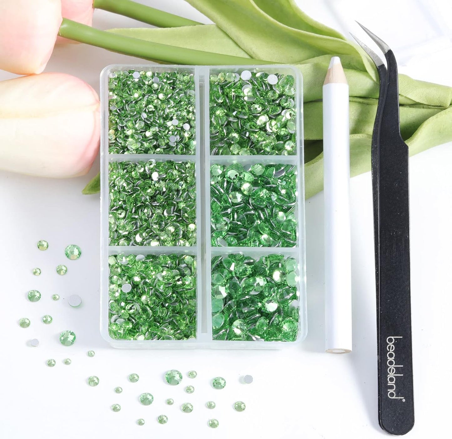 Beadsland 4300pcs Flatback Rhinestones, Light Green Nail Gems Round Crystal Rhinestones for Crafts, Mixed 6 Sizes with Picking Tweezers and Wax Pencil Kit, SS6-SS20, Peridot/Light Green