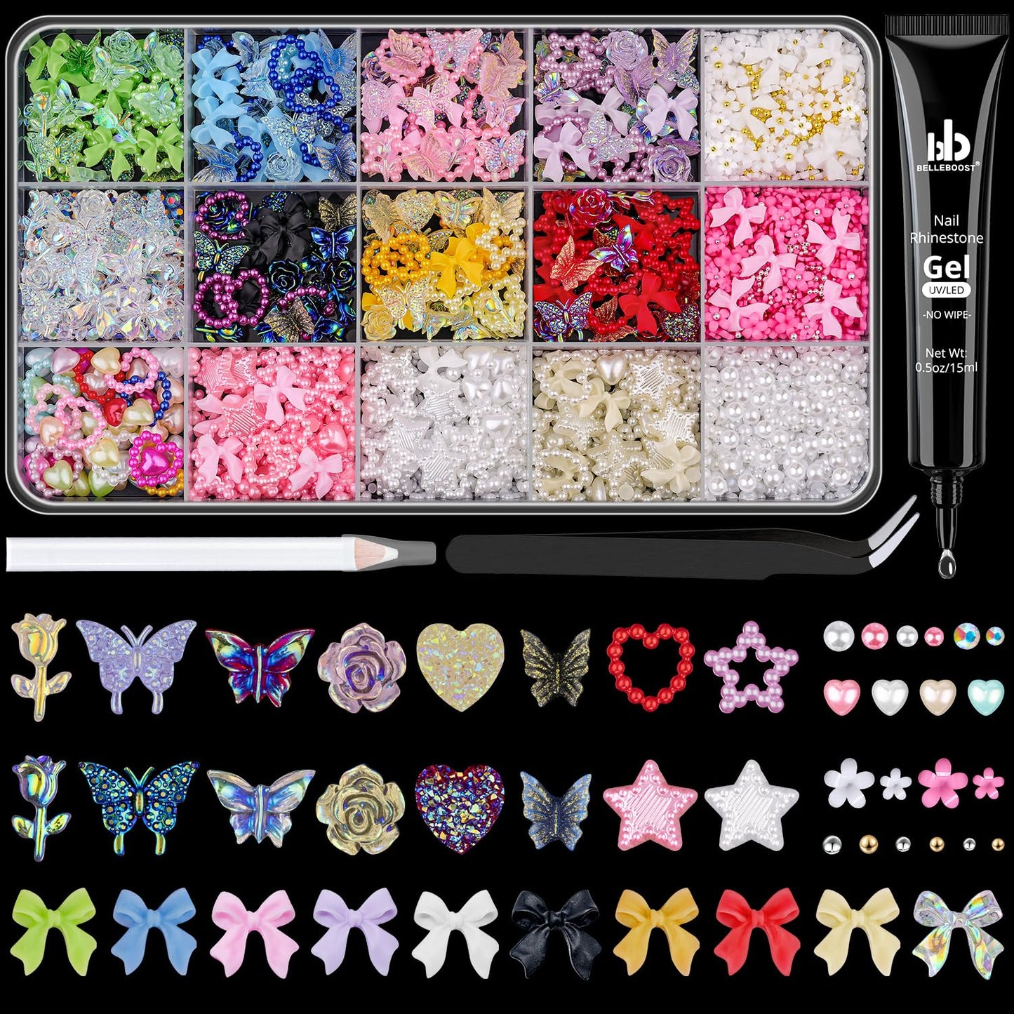 3D Nail Charms for Coquette Nails Design with Rhinestone Glue Set 1, Colorful Nail Bows + Assorted Heart Star Rose Butterfly Nail Jewels + 3D Flowers and Pearls, with Picker Tools for Nail Decor