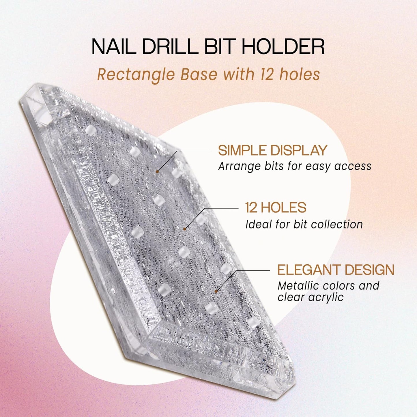 PANA Rectangle Transparent Acrylic Nail Drill Bit Holder Display Organizer Stand - Carbide Bit Storage Mount For Manicure Tools Nail Salon - 12 Holes Silver (Drill Bits Not Included)