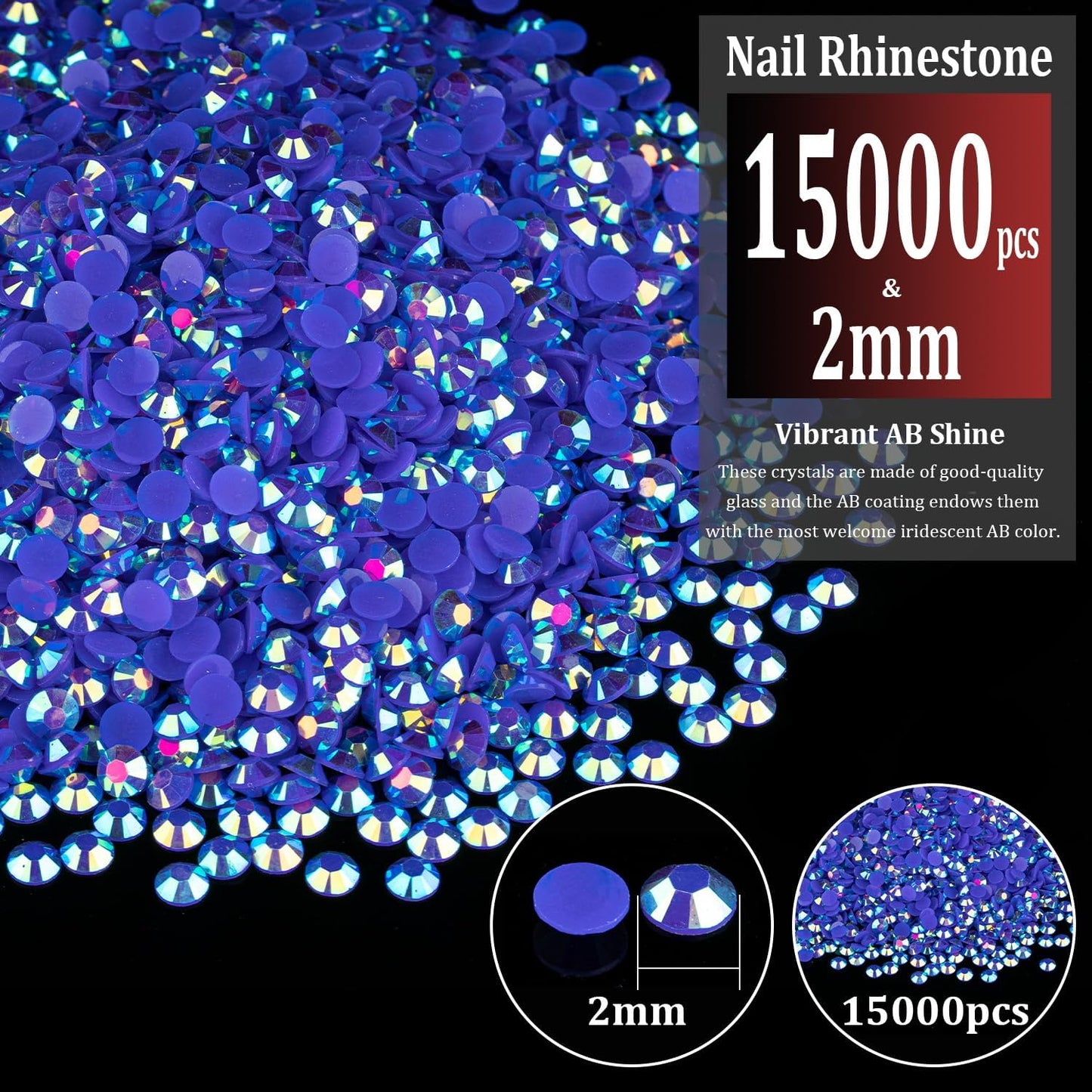 15000pcs 2mm Resin Rhinestones Bulk, Dark Blue AB Flatback Round Jelly Rhinestones Bedazzling Non Hotfix Crystal Gems Large Quantity Wholesale for DIY Crafts Clothes Tumblers Face Makeup Manicure