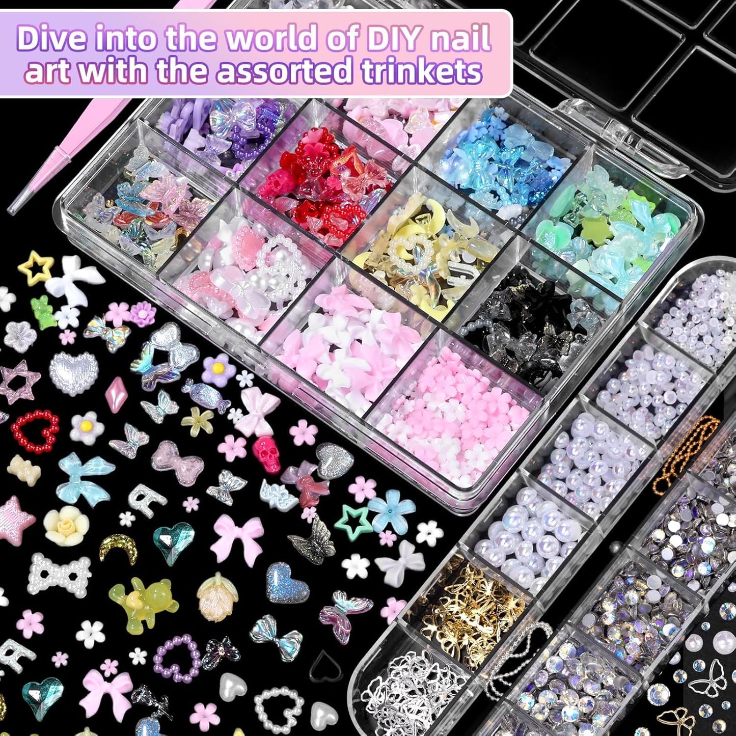 3D Nail Charms Set, Color Flower Bow Moon Heart Star Nail Art Charms, Half Round Pearl & Flatback Gems AB, Hollow Butterfly Alloy Nail Art Supplies DIY Accessories