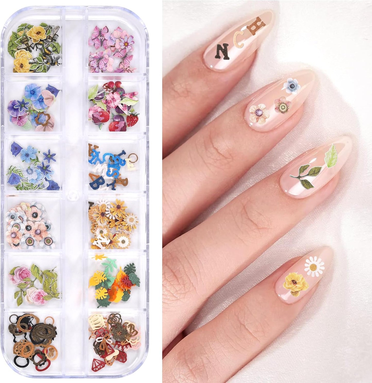 300Pcs 3D Flower Nail Art Charms Butterflies Sequins Decals Colorful Mixed Bows Letters Design Slice Nail Maple Leaves Ultra Wood Pulp Flakes Sequins 3
