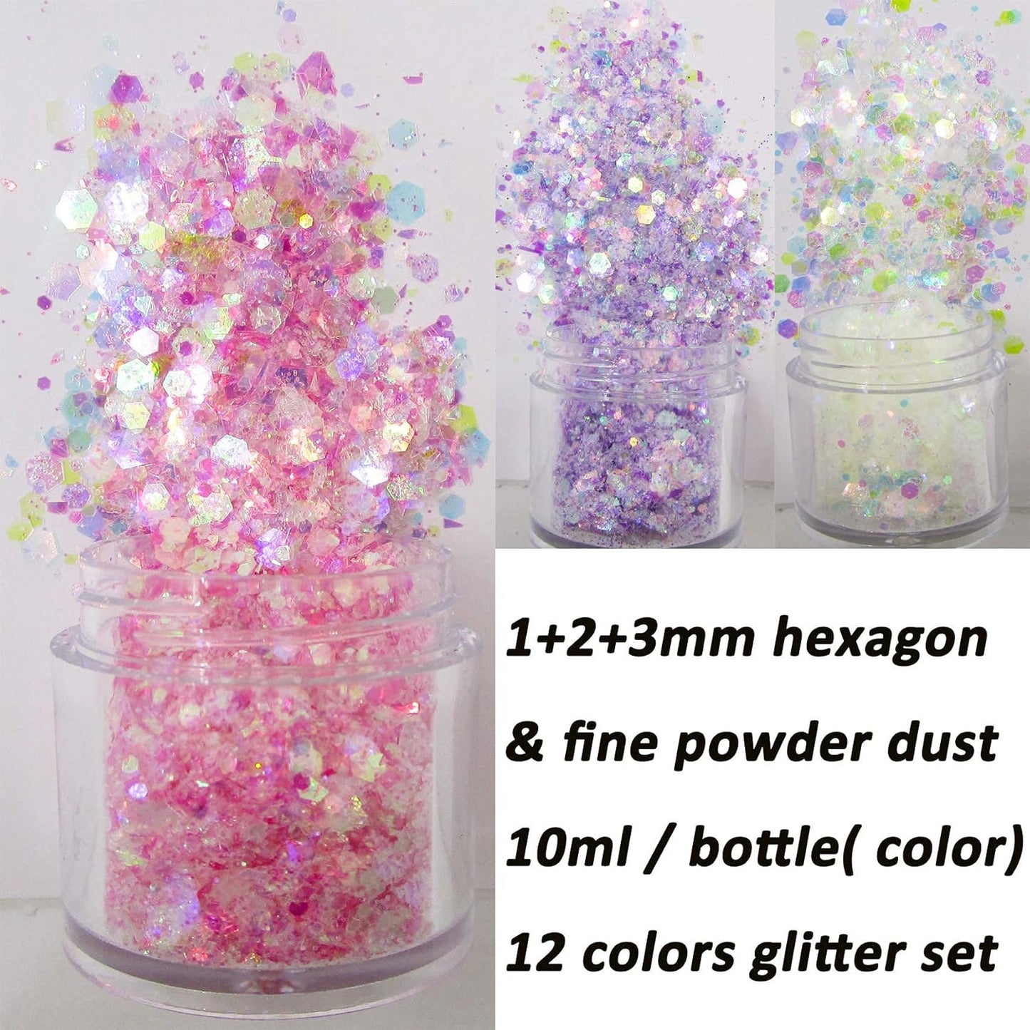 12 Mixed Colors Iridesent Chunky Glitter Flakes Mylar Hexagon Fine Powder Pigment Opal Glitter Sparkles Crafts Sequins Resin Epoxy Accessories Women Girls Makeup Body Nail Art Decorations