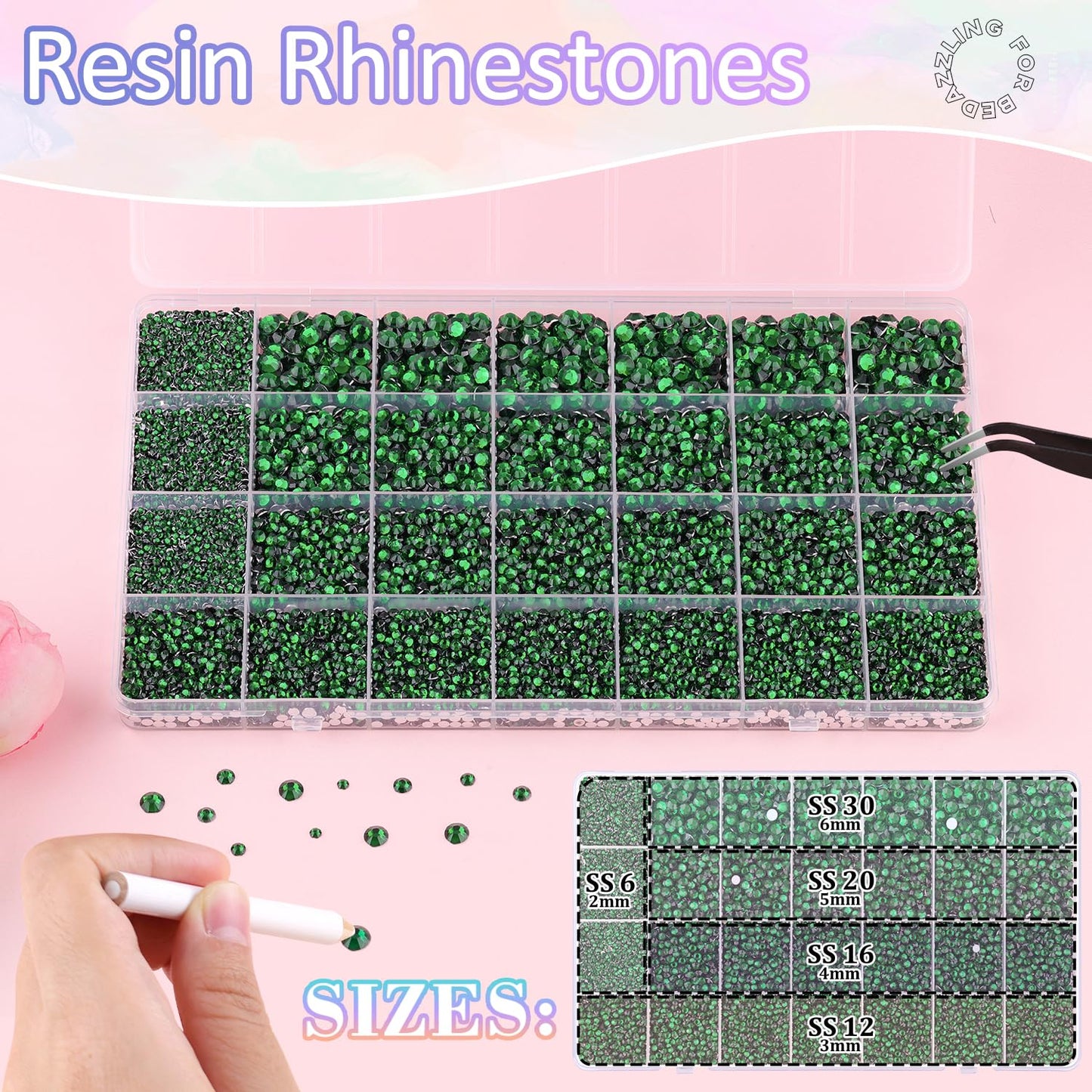 30000Pcs Resin Rhinestones for Bedazzling with B7000 Jewelry Glue, Emerald Green Flatback Gems Rhinestones for Crafting, Clothing Tumblers Mugs Shoes Fabric Decor Nail Art