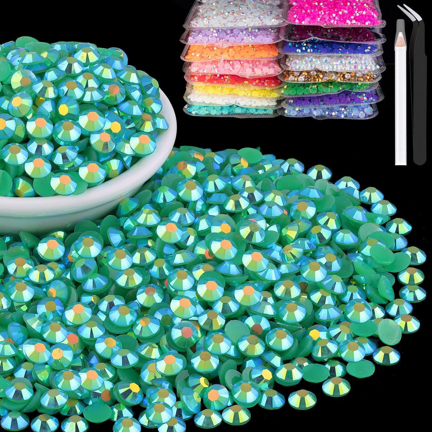 8000pcs 3mm Resin Rhinestones Bulk, Dark Green AB Flatback Round Jelly Rhinestones Bedazzling Non Hotfix Crystal Gems Large Quantity Wholesale for DIY Crafts Clothes Tumblers Face Makeup Manicure