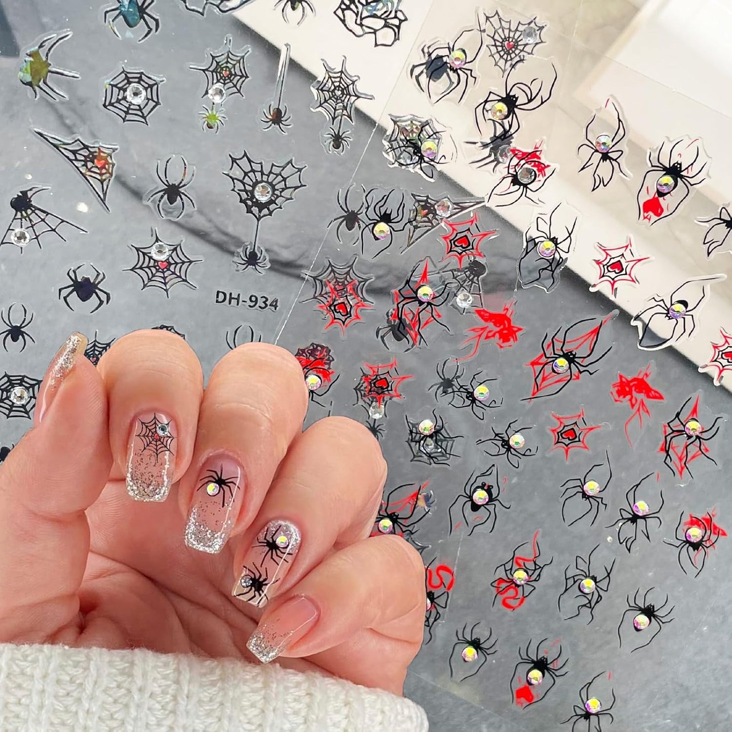 2 Sheets Halloween Nail Stickers Self Adhesive Spider Web Nail Art Stickers 5D Spider Rhinestones Nail Decals Gothic Halloween Nails Design DIY Holiday Manicure Supplies for Women Nails Accessories