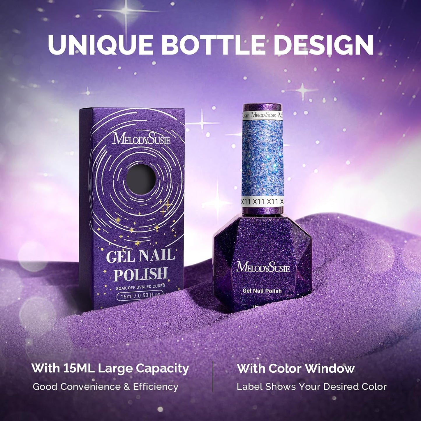 MelodySusie Galaliver Glitter Gel Nail Polish, 15ML Sparkly Shimmer Gel Polish Soak Off UV LED Cured Long Lasting Gift for Women DIY Nail Design Nail Art Manicure Starry Blue X11