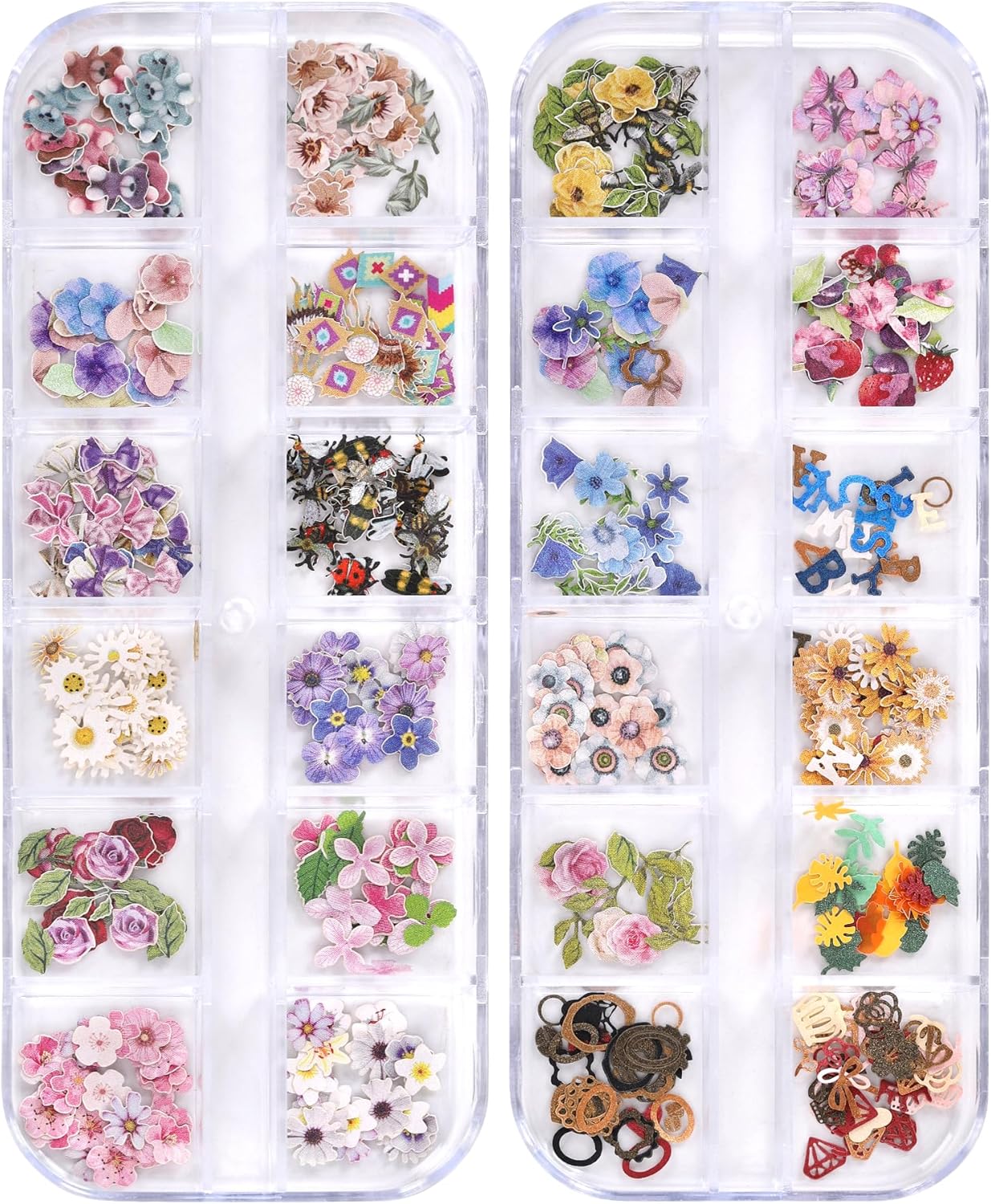 600Pcs 3D Flower Nail Art Charms Bee Bear Sequins Decals Colorful Mixed Bows Letters Design Slice Nail Maple Leaves Ultra Wood Pulp Flakes Sequins 4