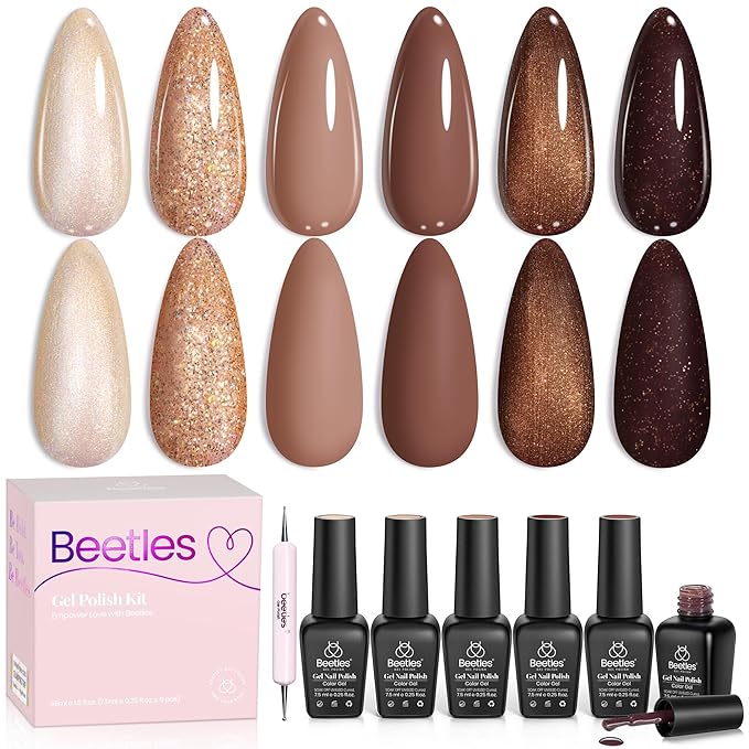 beetles Gel Polish Brownie Bliss - Fall Gel Nail Polish Set Light Dark Brown 6 Colors Nail Kit Pearl Shimmering Soak Off UV LED Lamp Needed Manicure DIY Home Gift for Women Girls