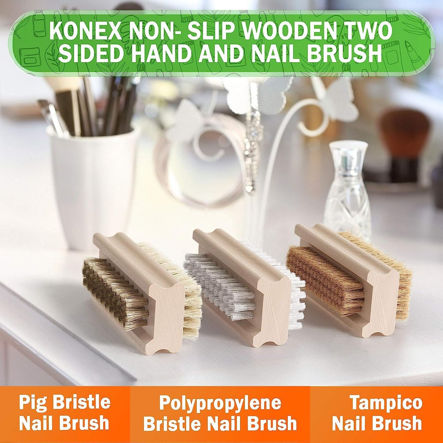 Konex Non-Slip Wooden Two-sided Hand and Nail Brush - Stiff Bristle Fingernail Brushes for Cleaning Under Nails - Heavy Duty Fingernail Brush for Manicure and Automotive Use - 2 Pack