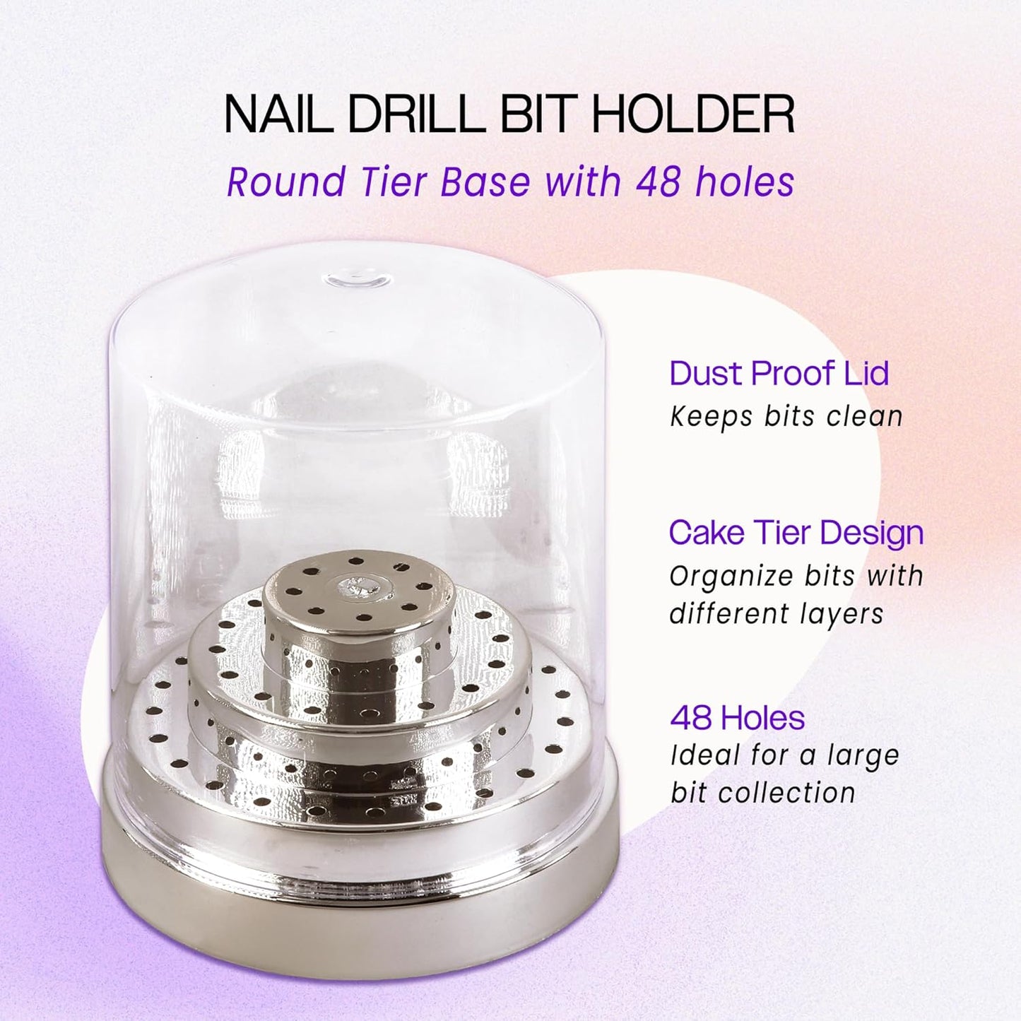 PANA Round Cake Tier Nail Drill Bit Holder Display Organizer Case - Dustproof Carbide Bit Storage Container Box For Manicure Tools Nail Salon - 48 Holes Silver (Drill Bits Not Included)