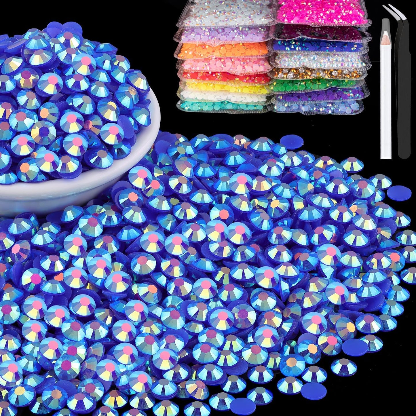 15000pcs 2mm Resin Rhinestones Bulk, Dark Blue AB Flatback Round Jelly Rhinestones Bedazzling Non Hotfix Crystal Gems Large Quantity Wholesale for DIY Crafts Clothes Tumblers Face Makeup Manicure