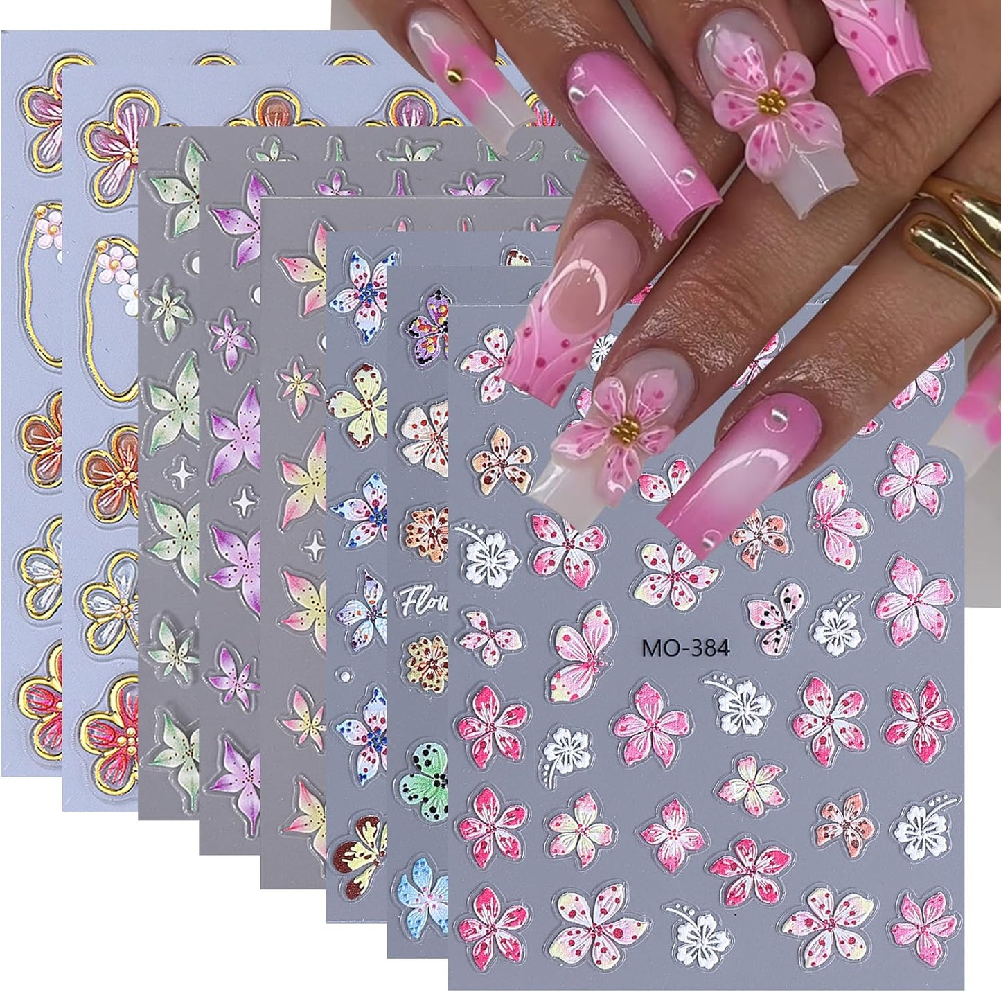 5D Flower Nail Stickers Decals 8PCS Hawaii Hibiscus Nails Art Designs Self Adhesive Embossed Tropical Floral Petals Charms Vacation Stickers Decoration for Women Nail Supplies